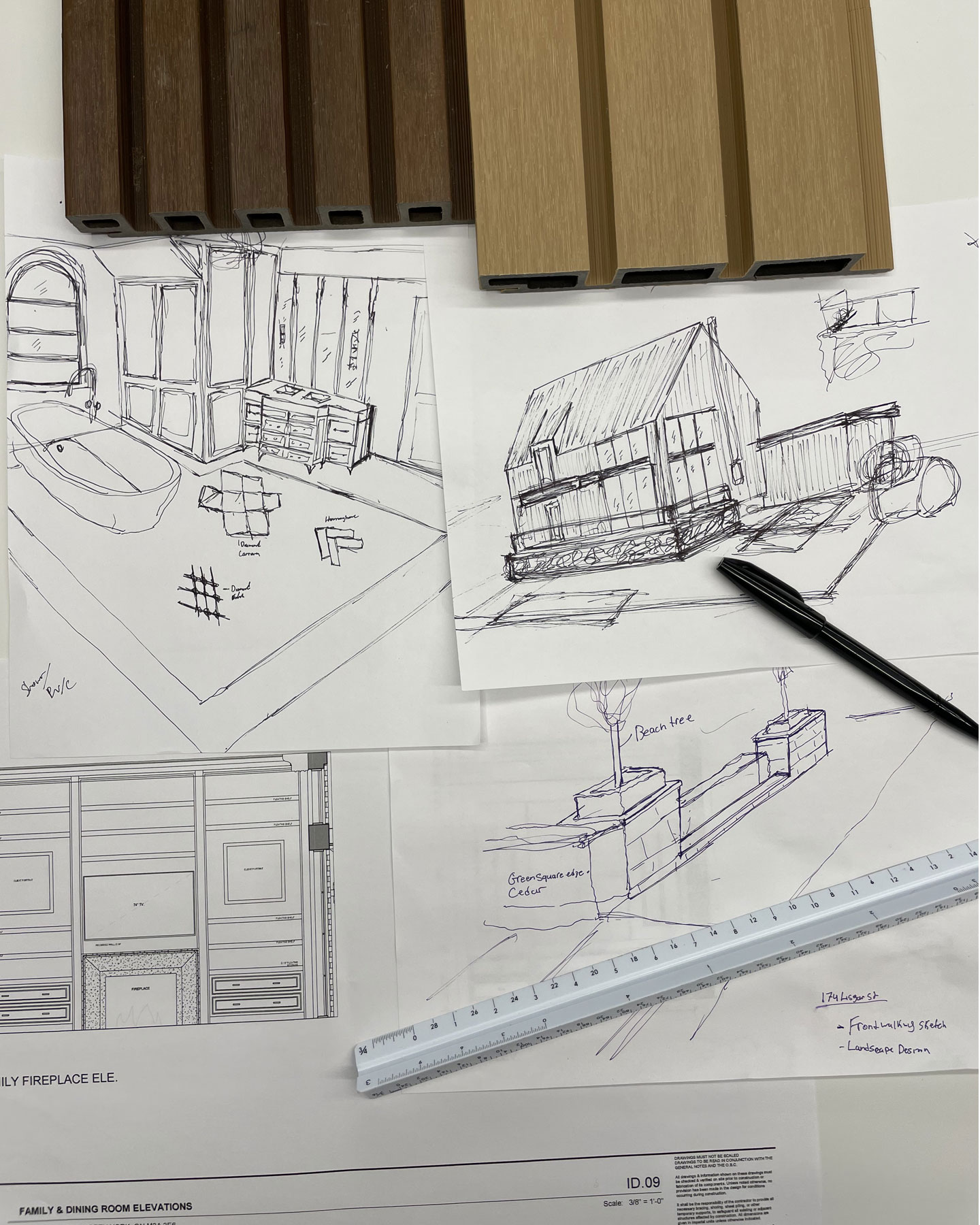Material samples and architectural sketches for the Nordic Cottage