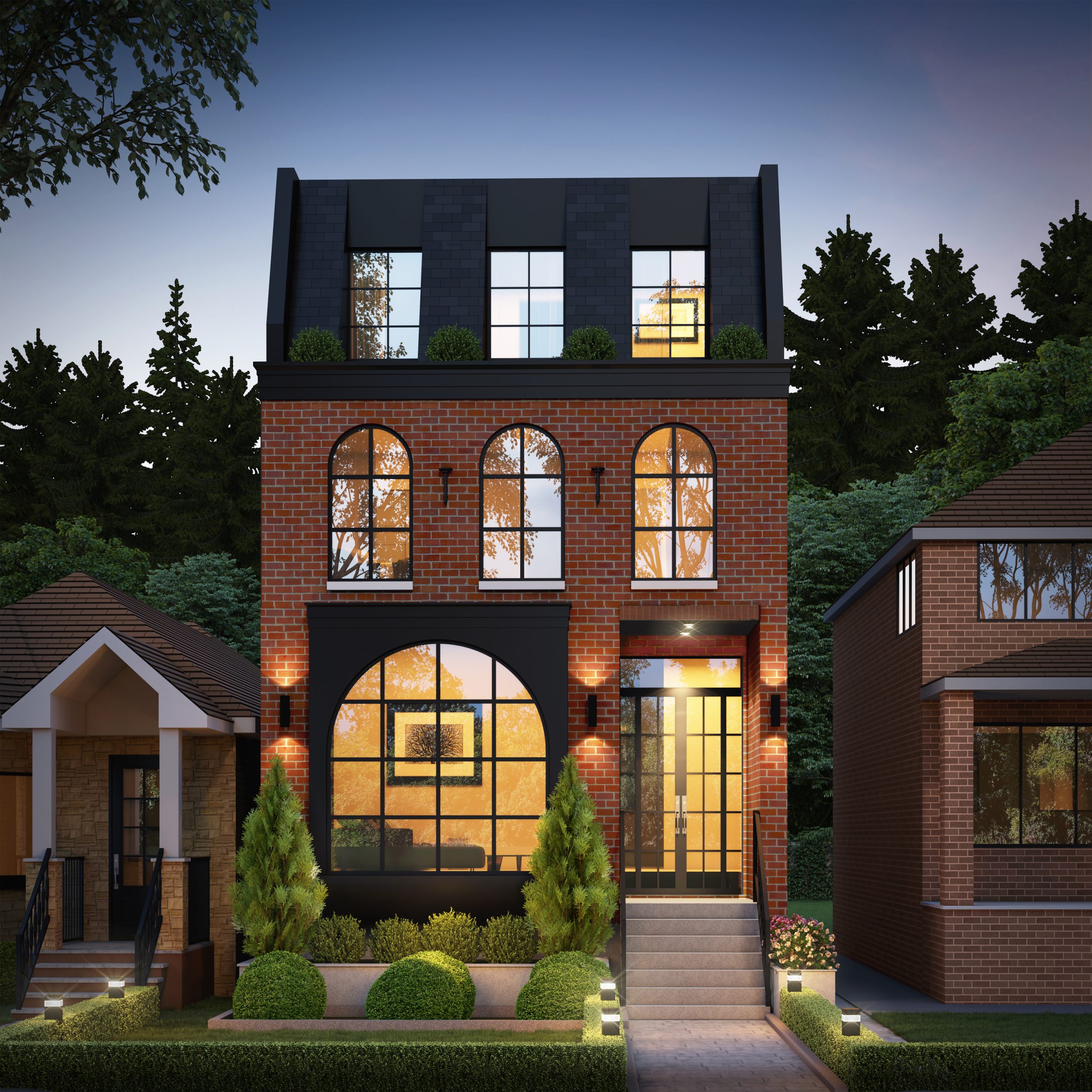 Eclectic red-brick brownstone with tall arched windows