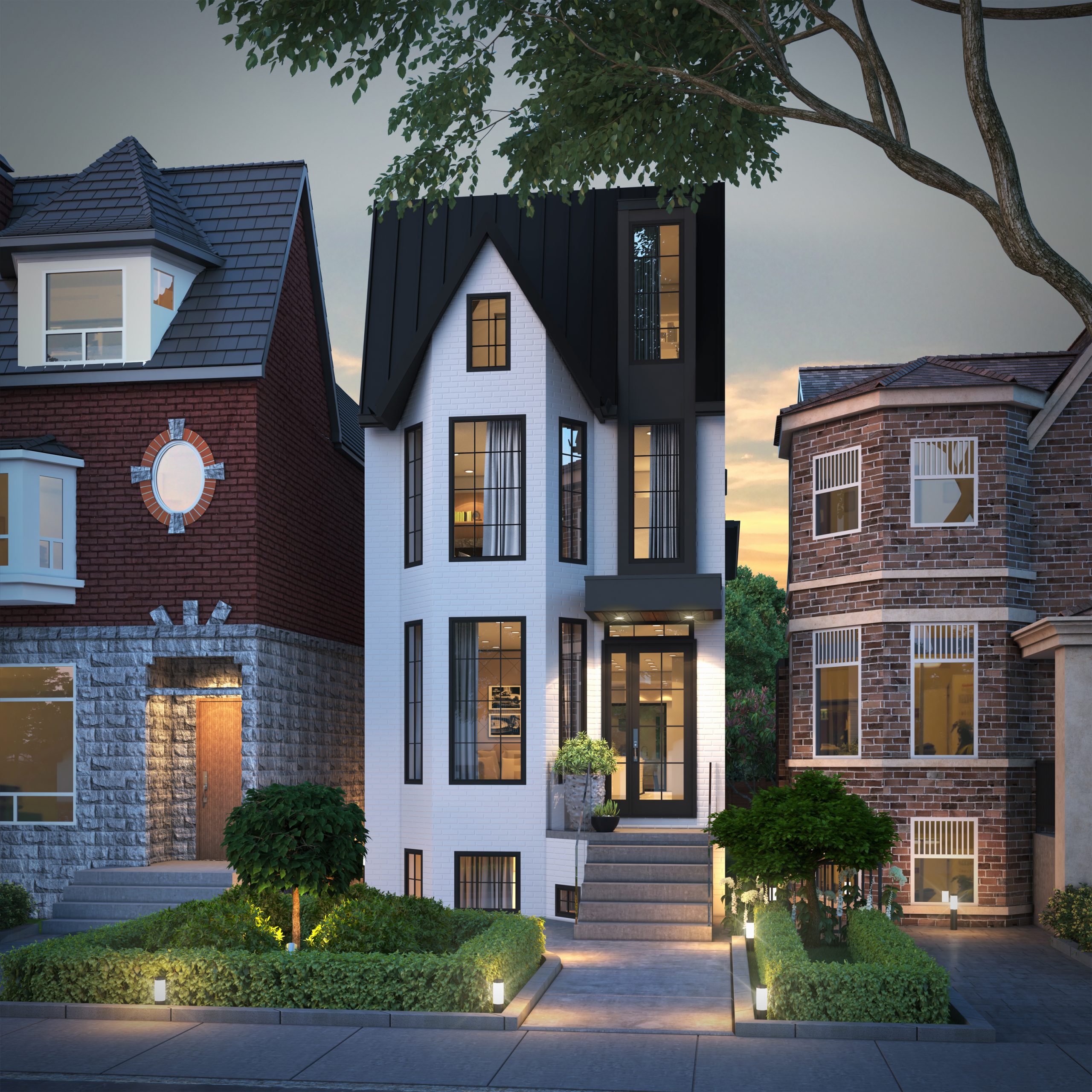 Queen West Victorian with white brick, black metal details and steep rooflines