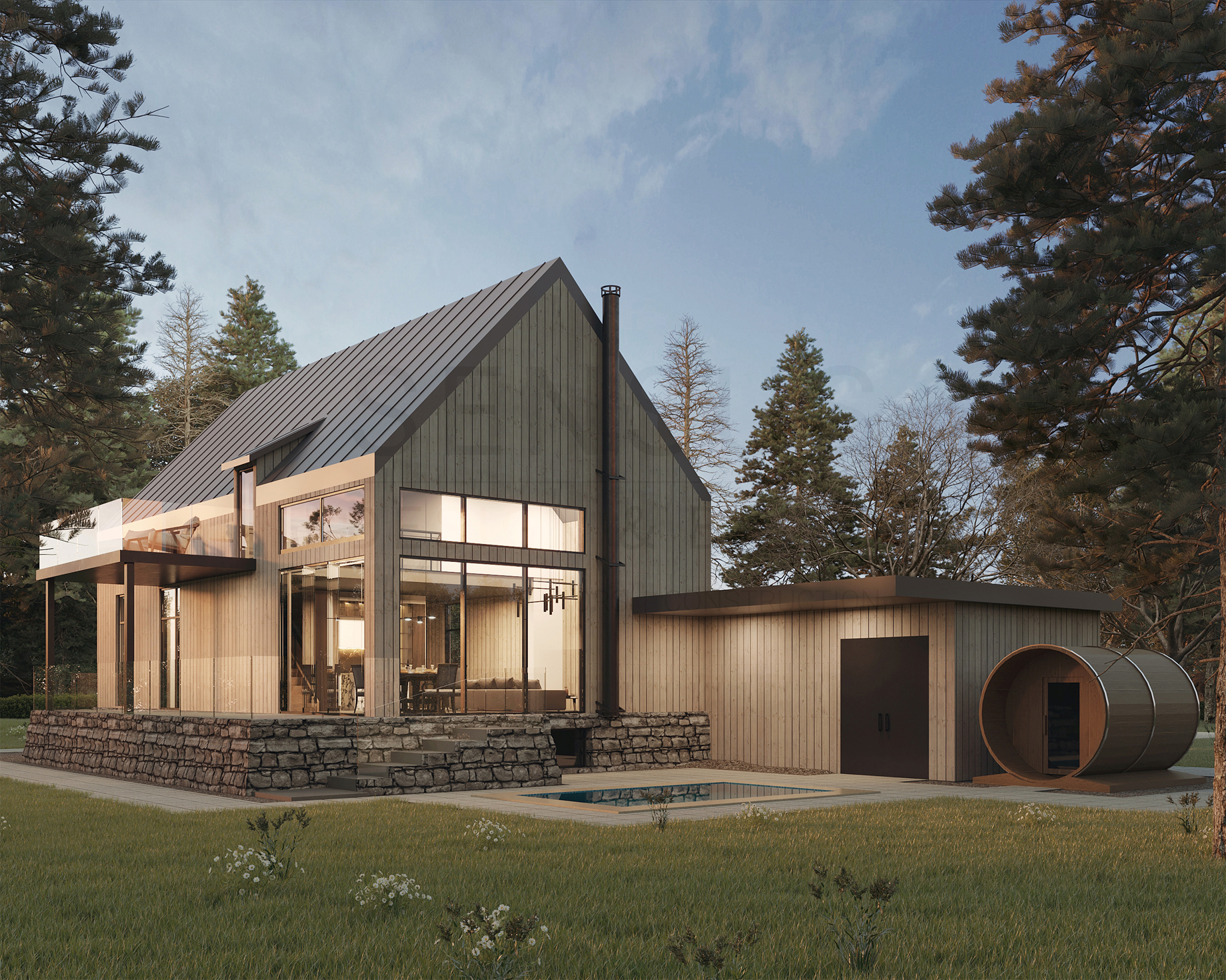 Nordic modernist barnhouse cottage surrounded by mature trees