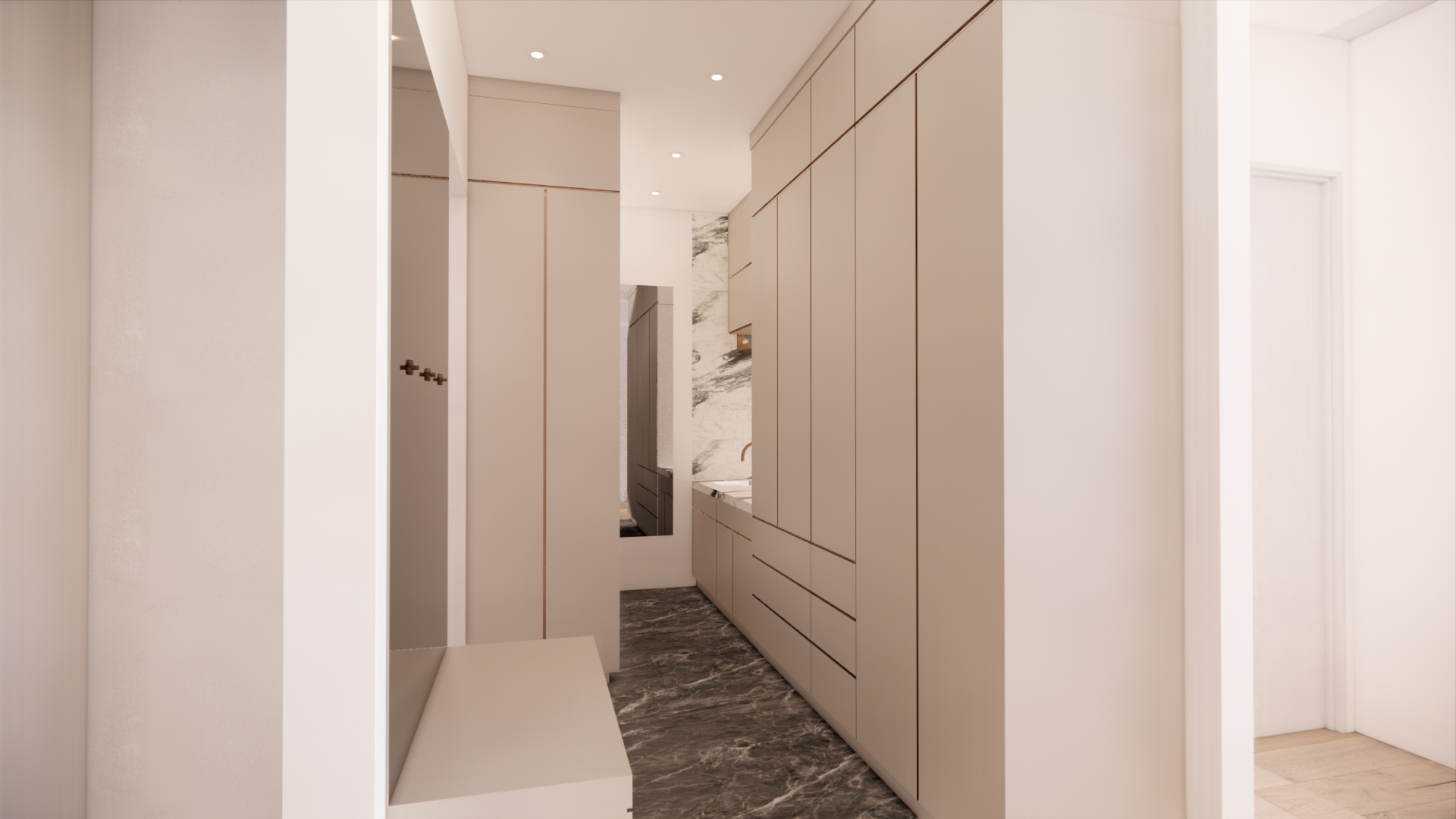 Modern bungalow corridor with concealed storage and pale millwork