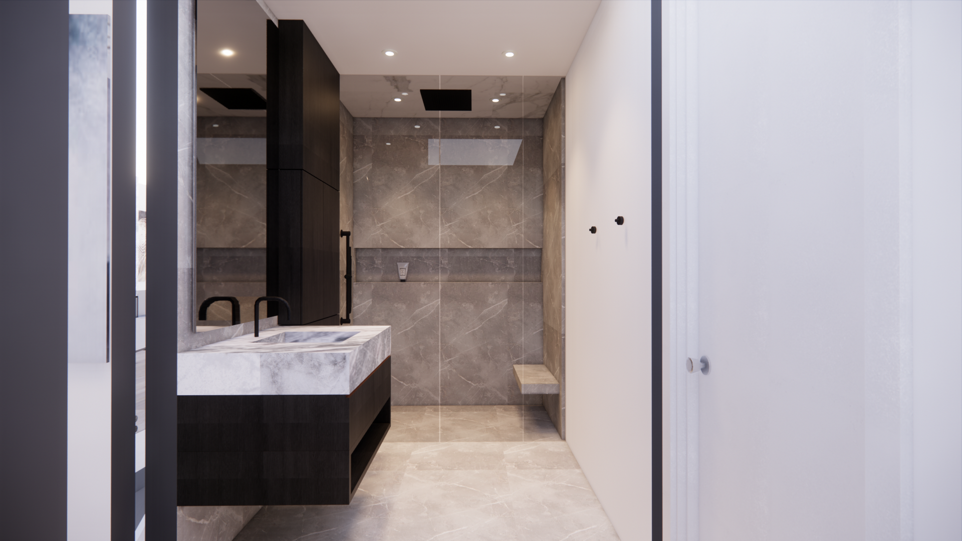 Modern bungalow bathroom with stone walls and dark cabinetry