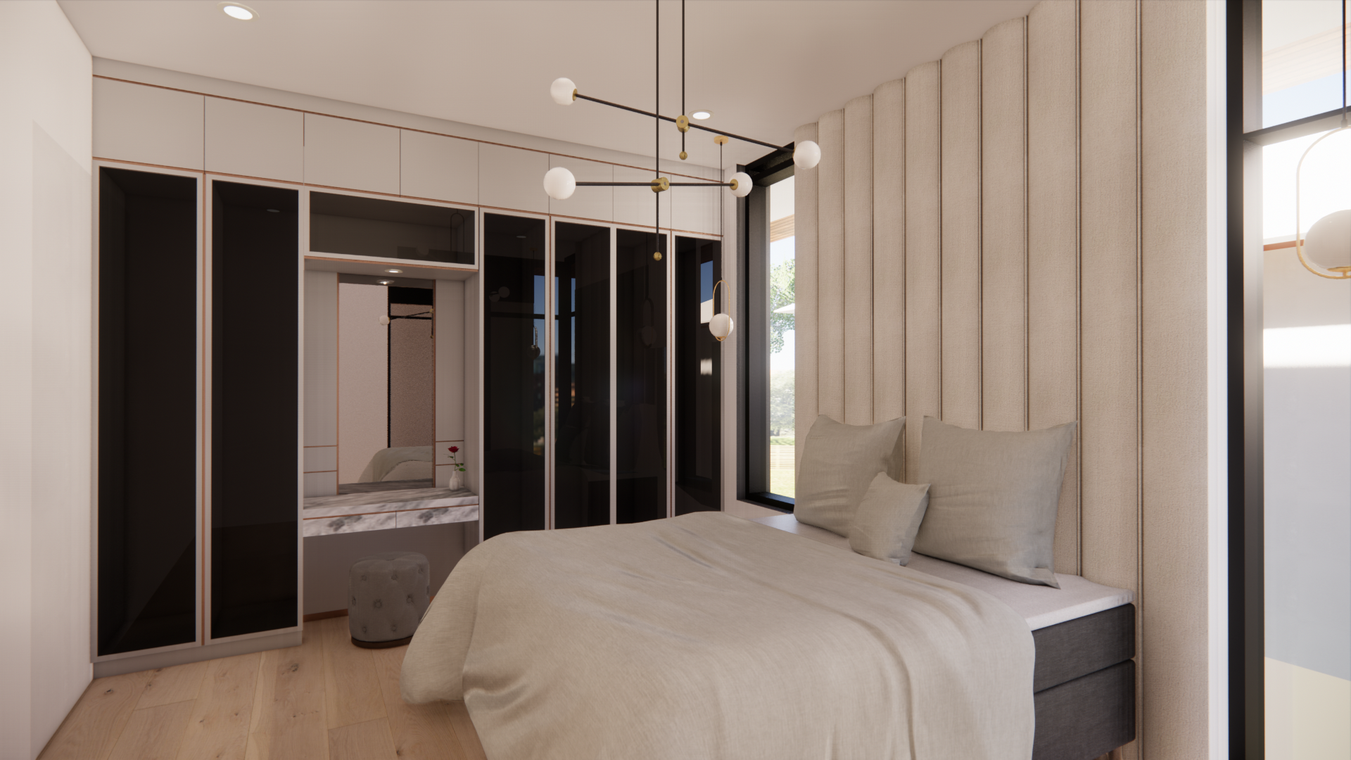 Modern bungalow bedroom with integrated dark wood cabinetry