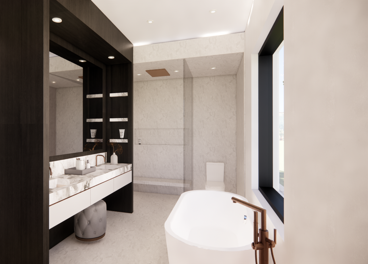 Modern bungalow bathroom with a freestanding tub