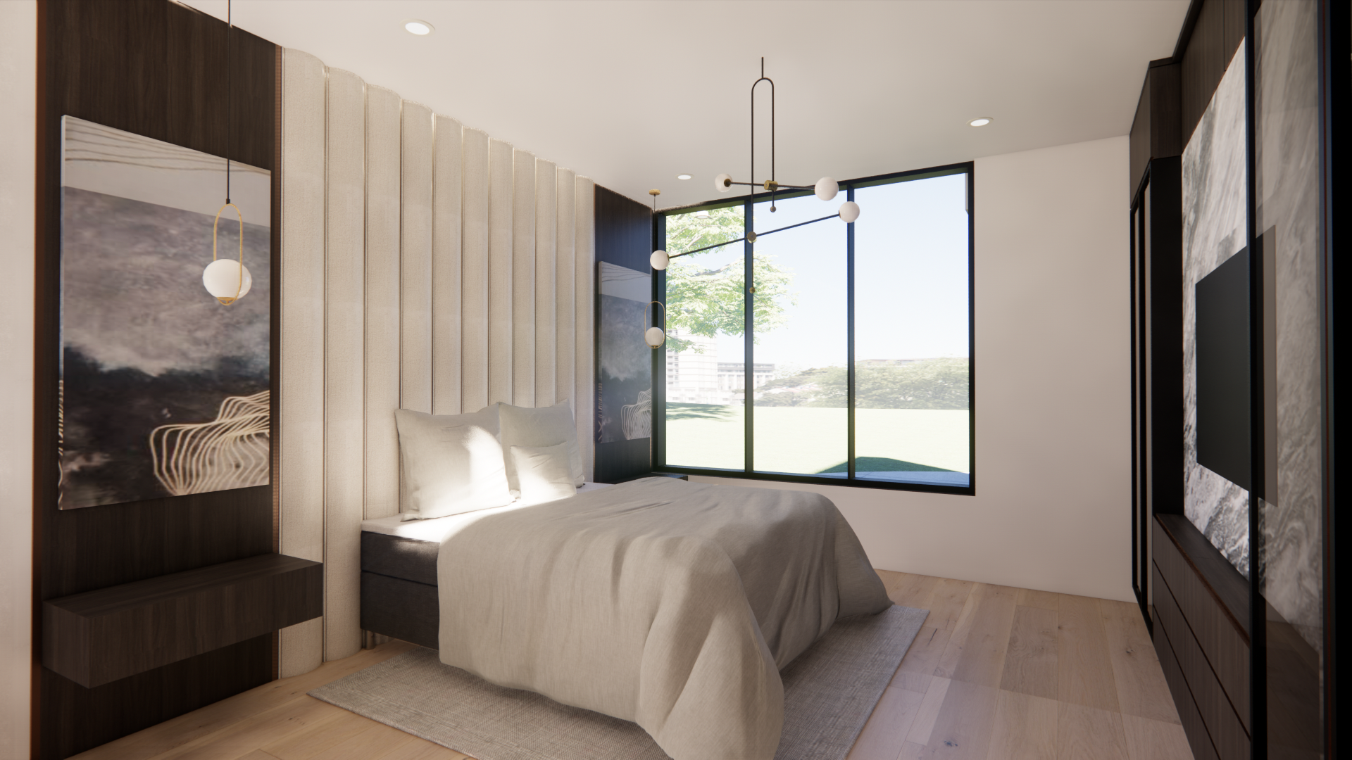 Modern bungalow bedroom with dark wood wall panels