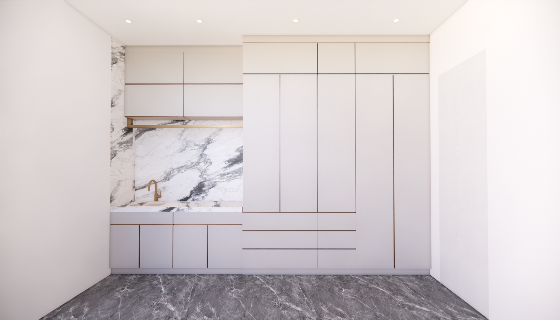 Modern bungalow dressing room with pale built-in cabinetry