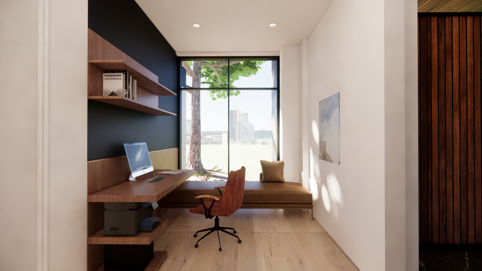 Modern bungalow home office with built-in wood shelving