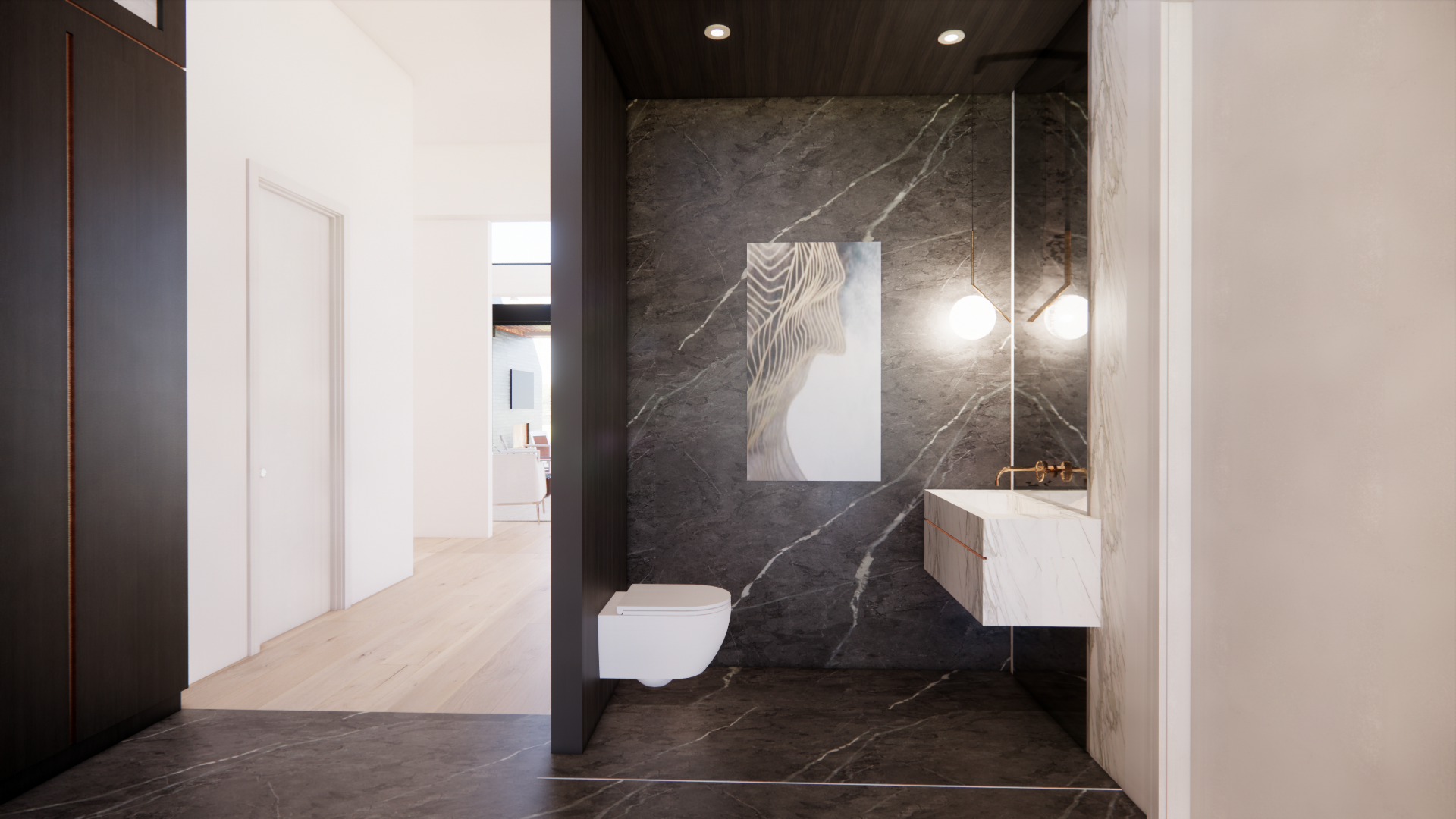 Accessible bedroom corridor and bathroom in the modern bungalow