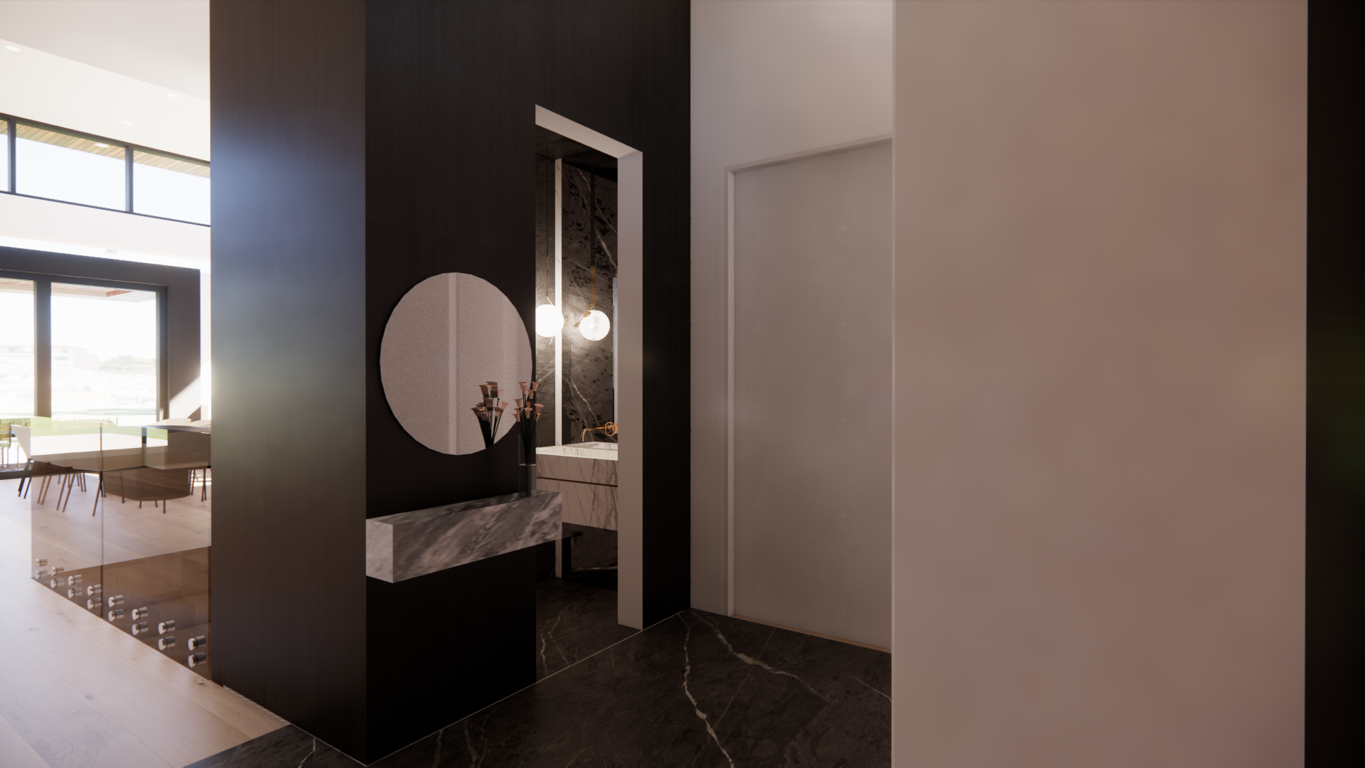 Dark stone powder room in the modern bungalow