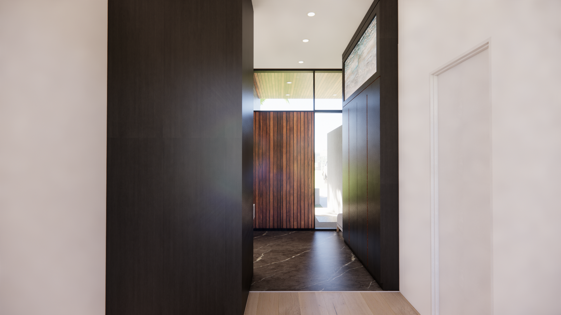 Modern bungalow entrance hall with warm wood paneling