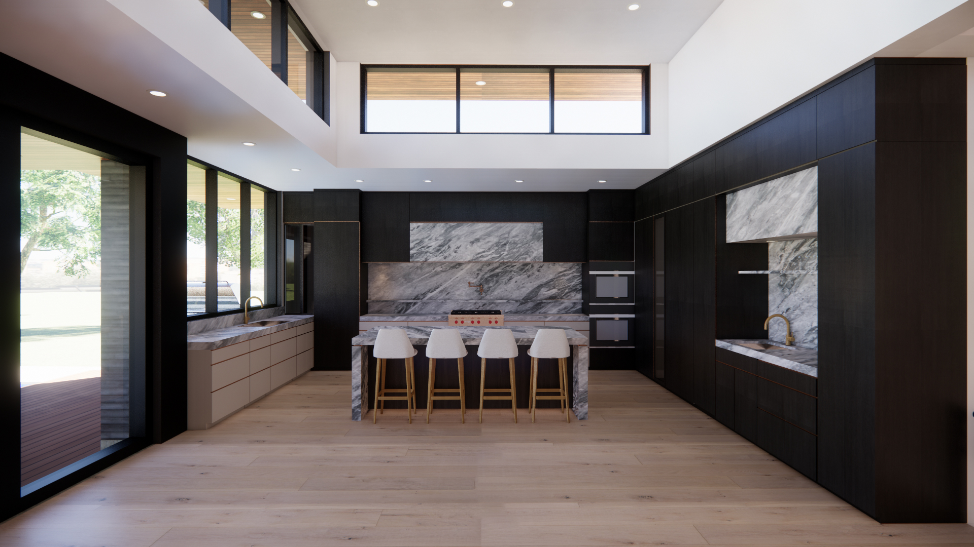 Modern bungalow kitchen and living areas opening to the garden