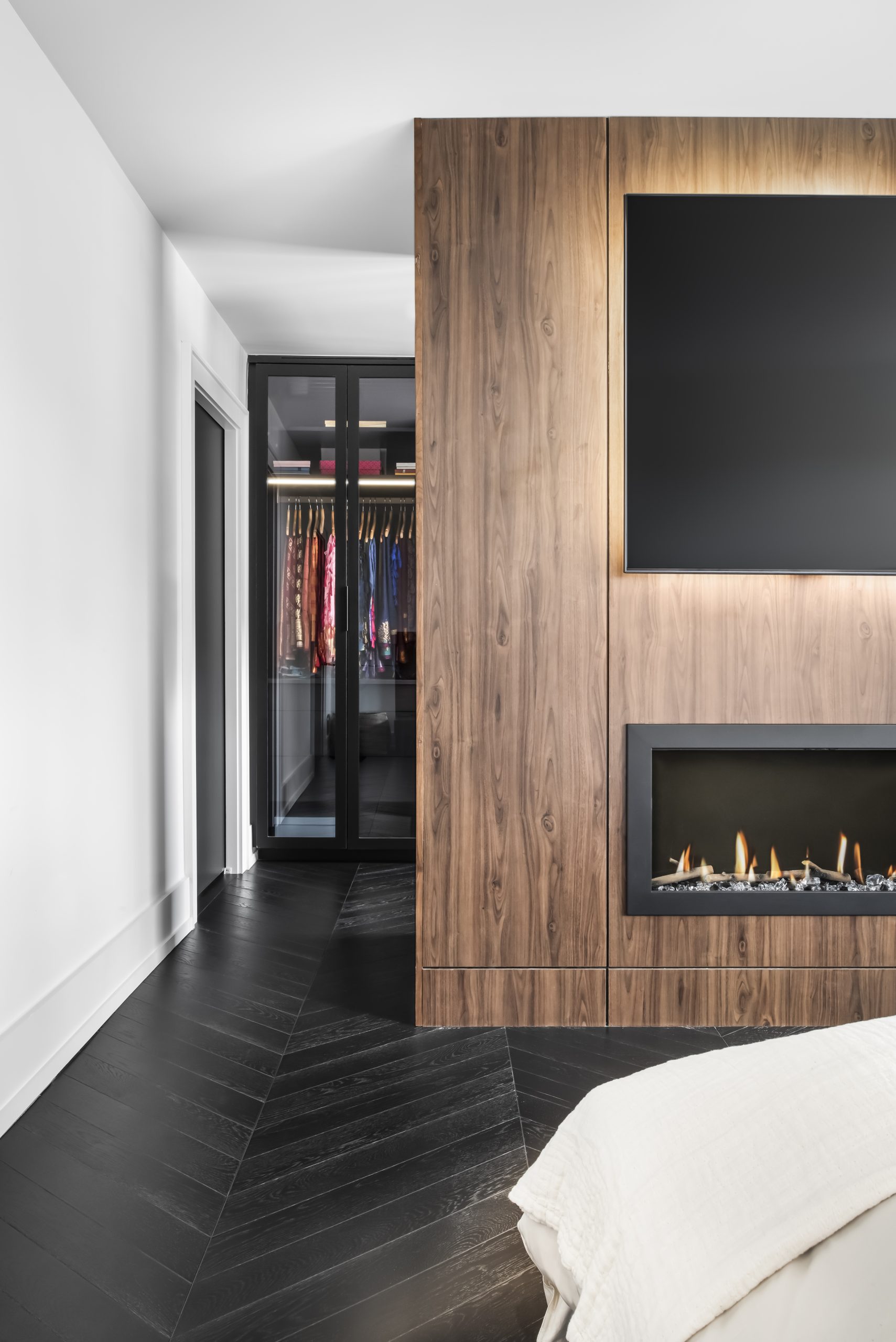 Dark-paneled hall with a pivot entrance door
