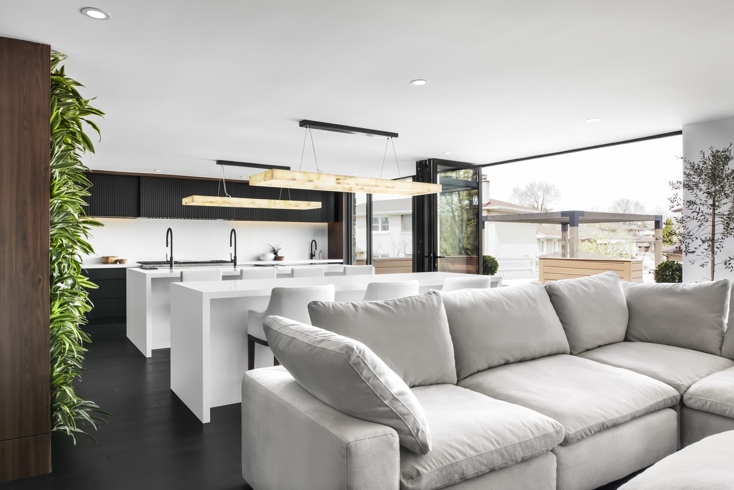 Modern Astoria living room with a long marble fireplace
