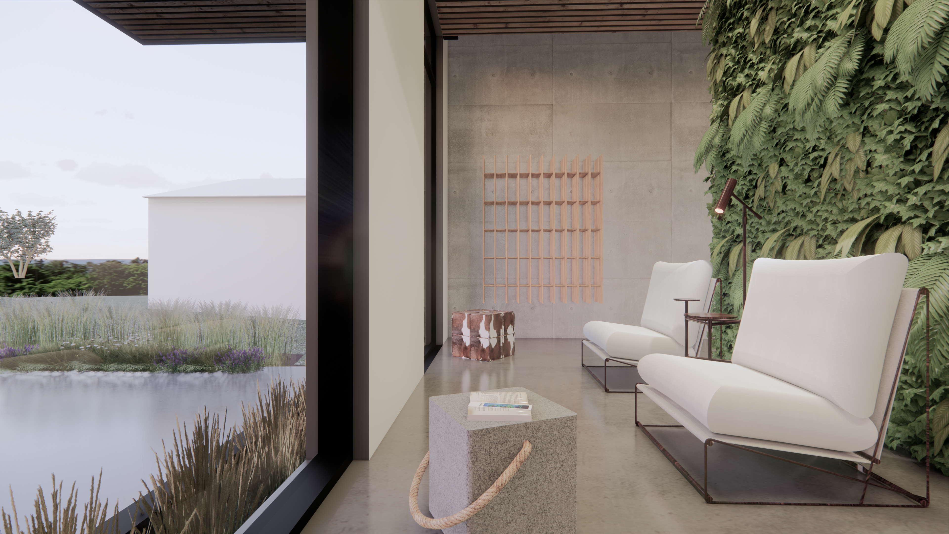 Quiet lounge beside water and a living green wall