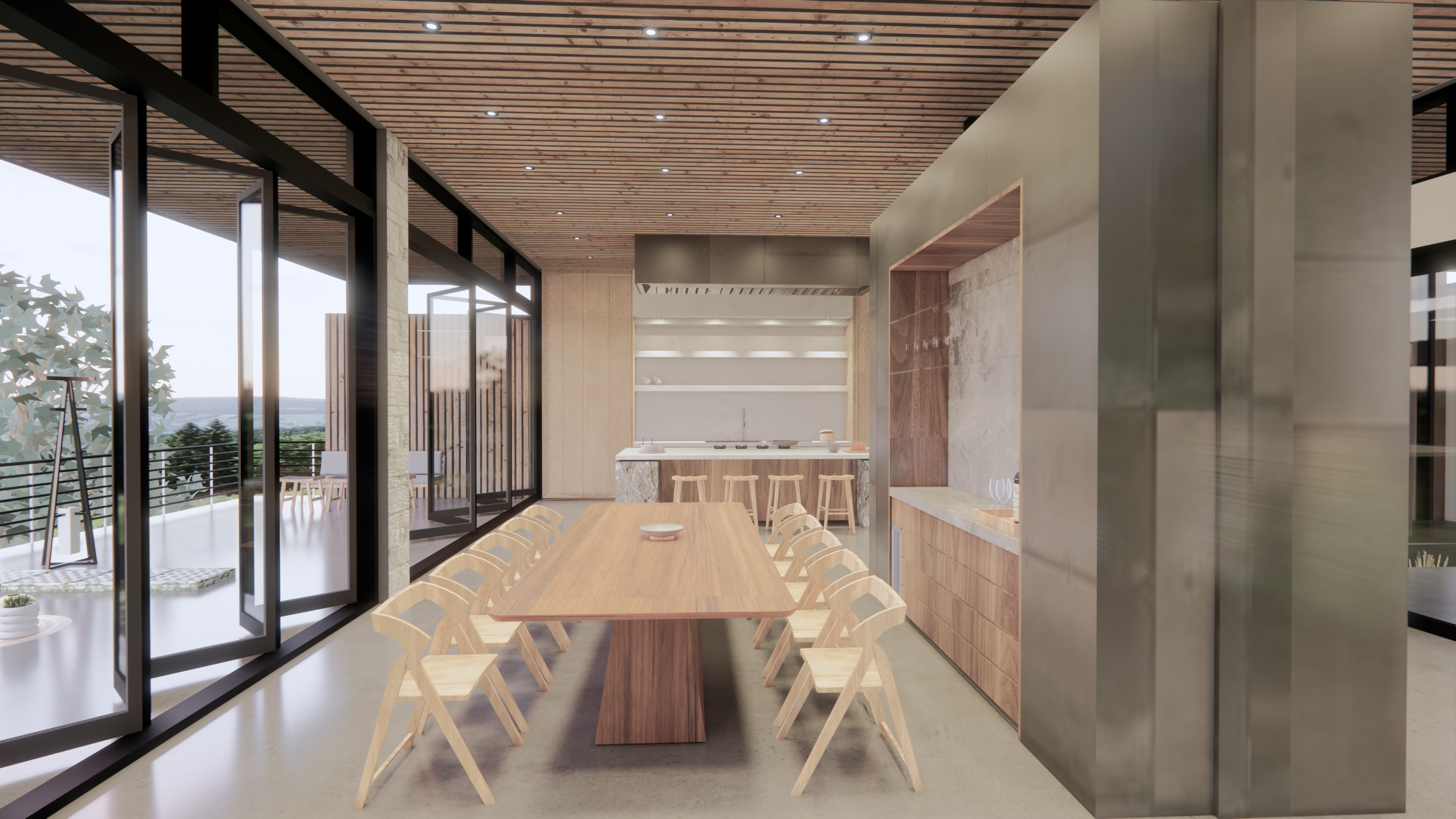 Interior corridor opening toward the wooded hillside