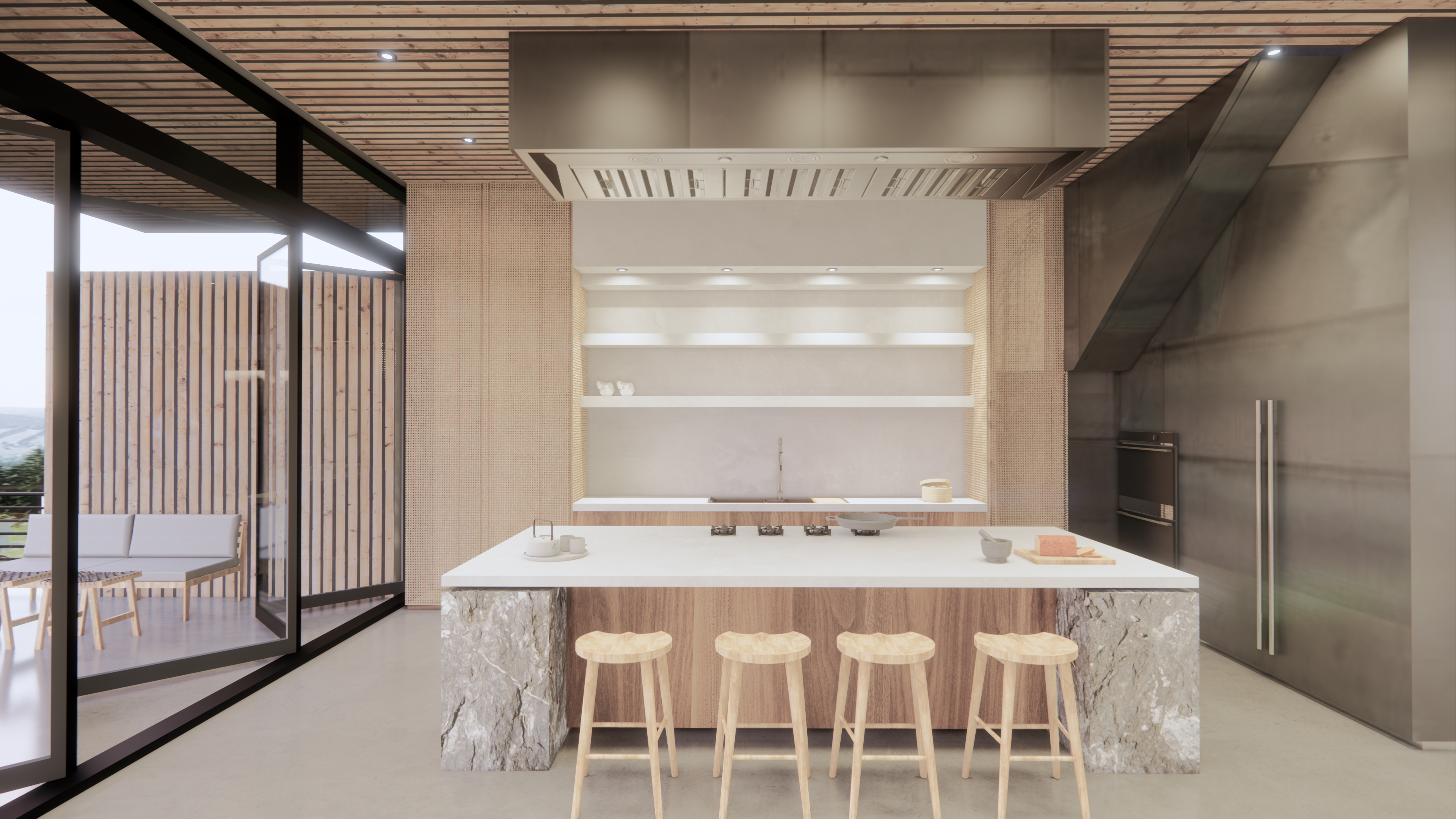 Minimal kitchen with a long island and escarpment views