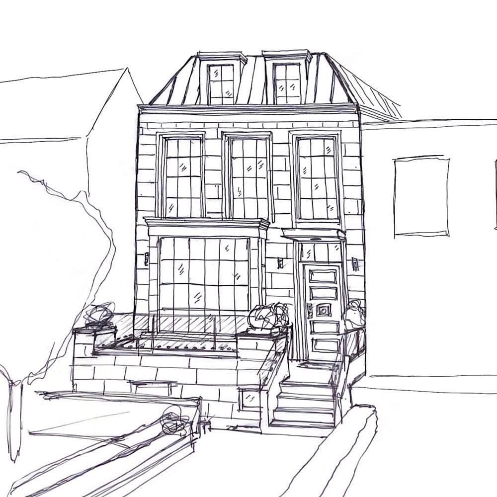 Hand-drawn front elevation of the French row house