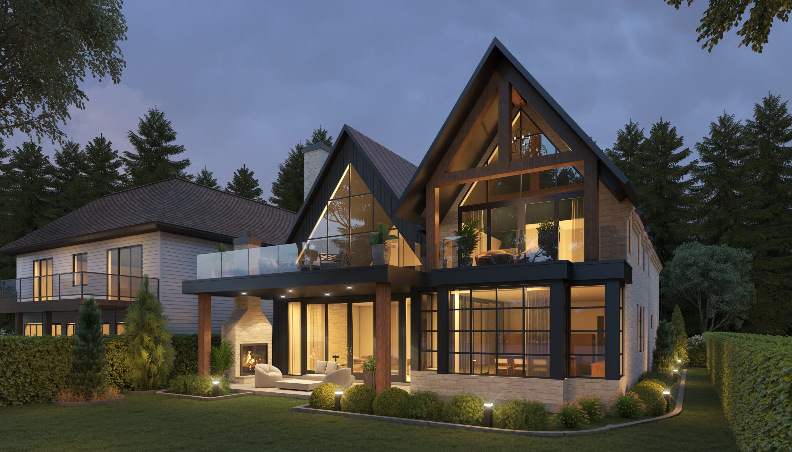 Rear lodge facade with timber framing and lake-facing windows