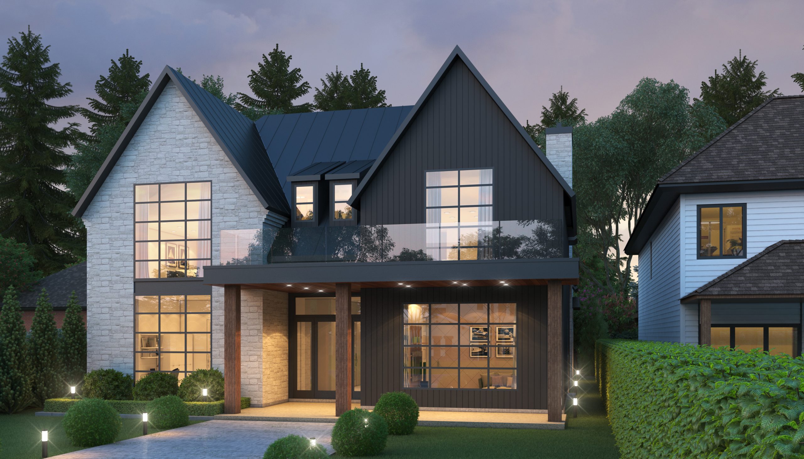 Contemporary lakefront lodge with illuminated windows at dusk