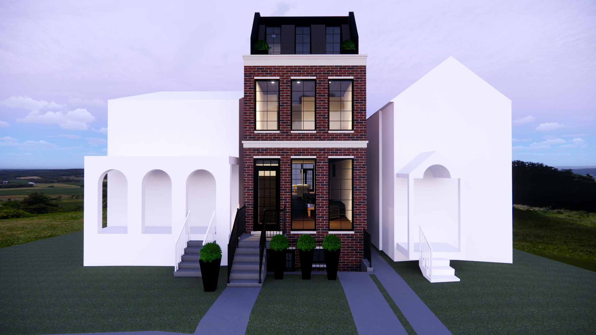 Twilight design study of the brownstone facade