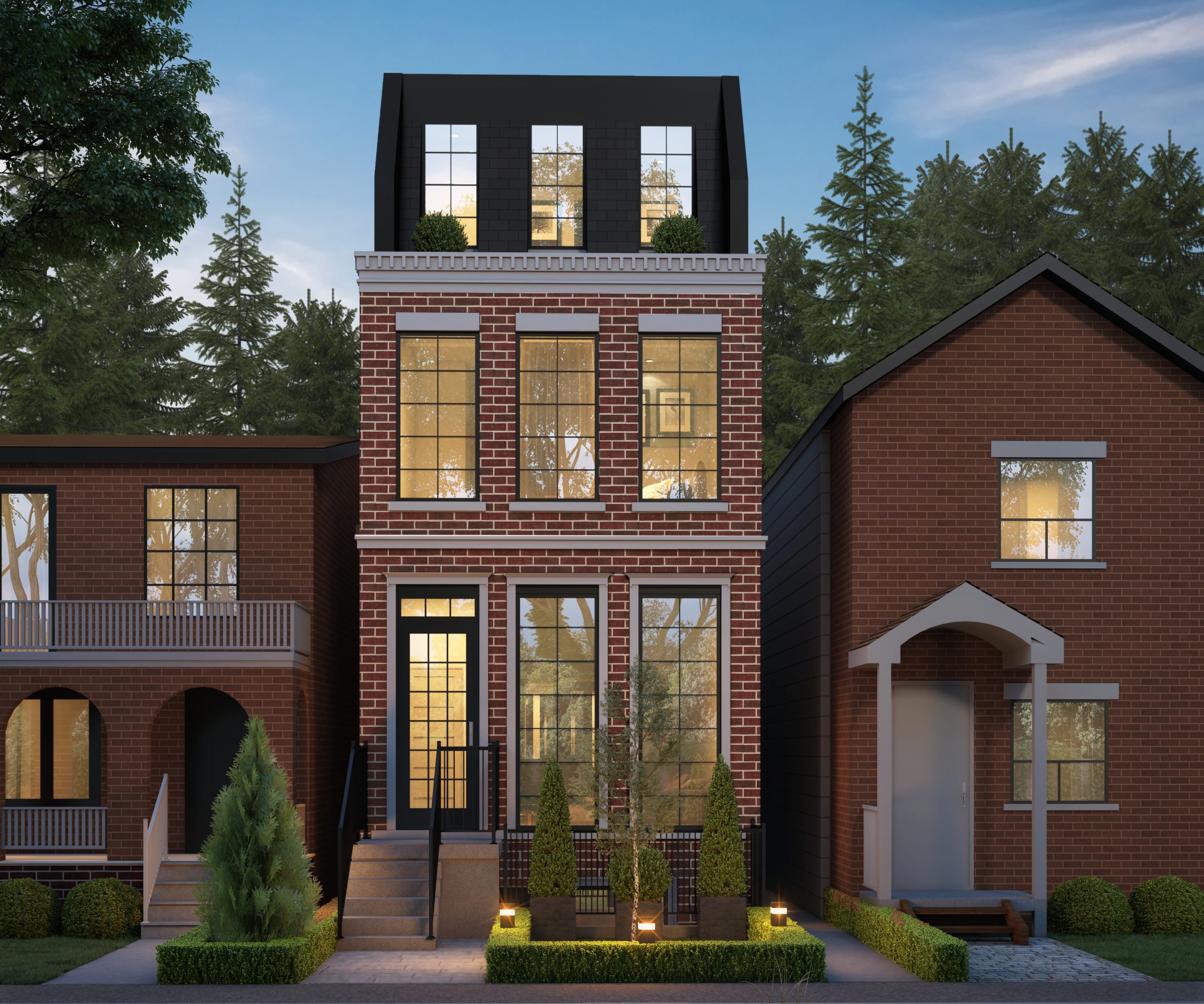 Contemporary red-brick brownstone with a dark mansard roof