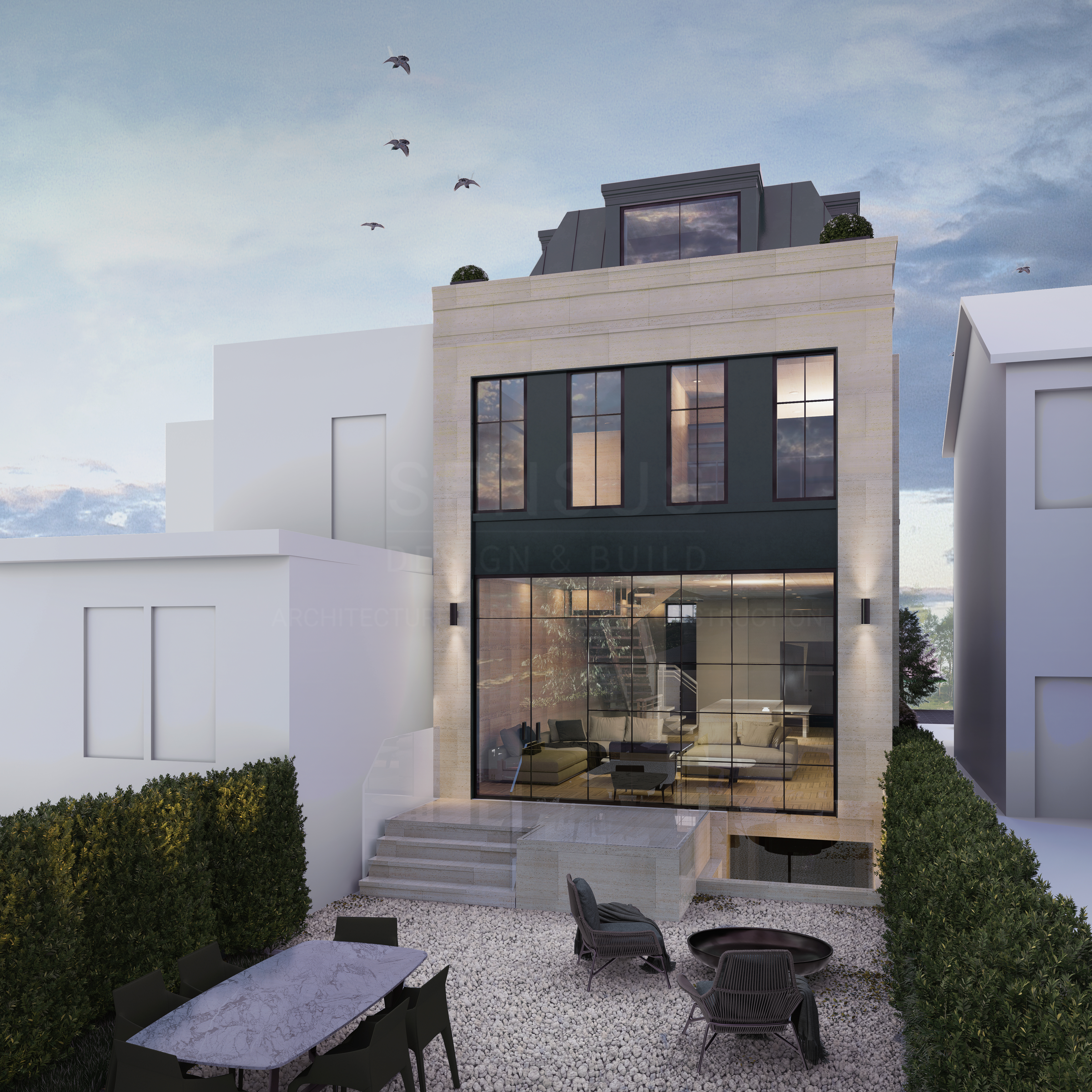 Rear facade and garden terrace of the contemporary French row house