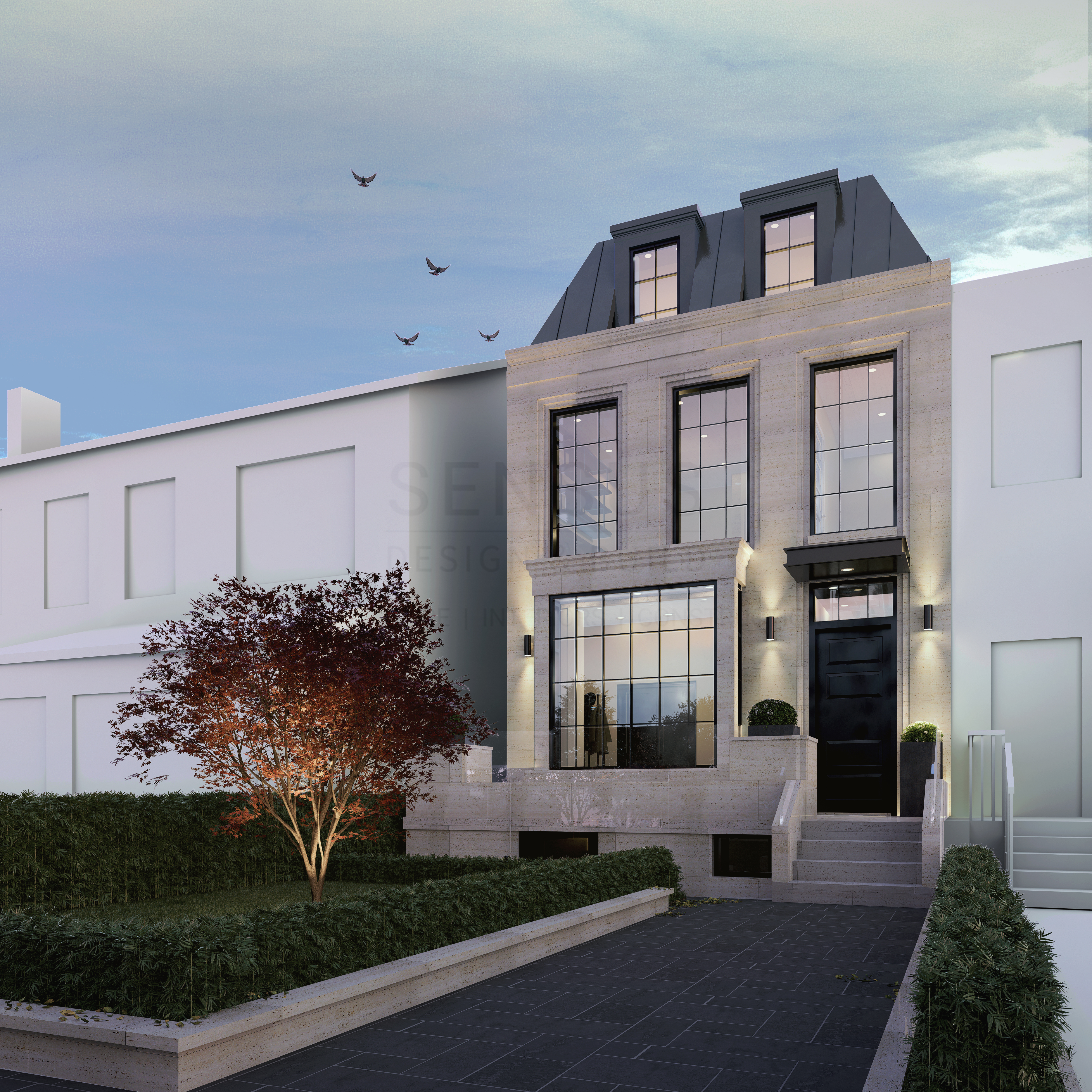 Contemporary French row house with a limestone facade and mansard roof