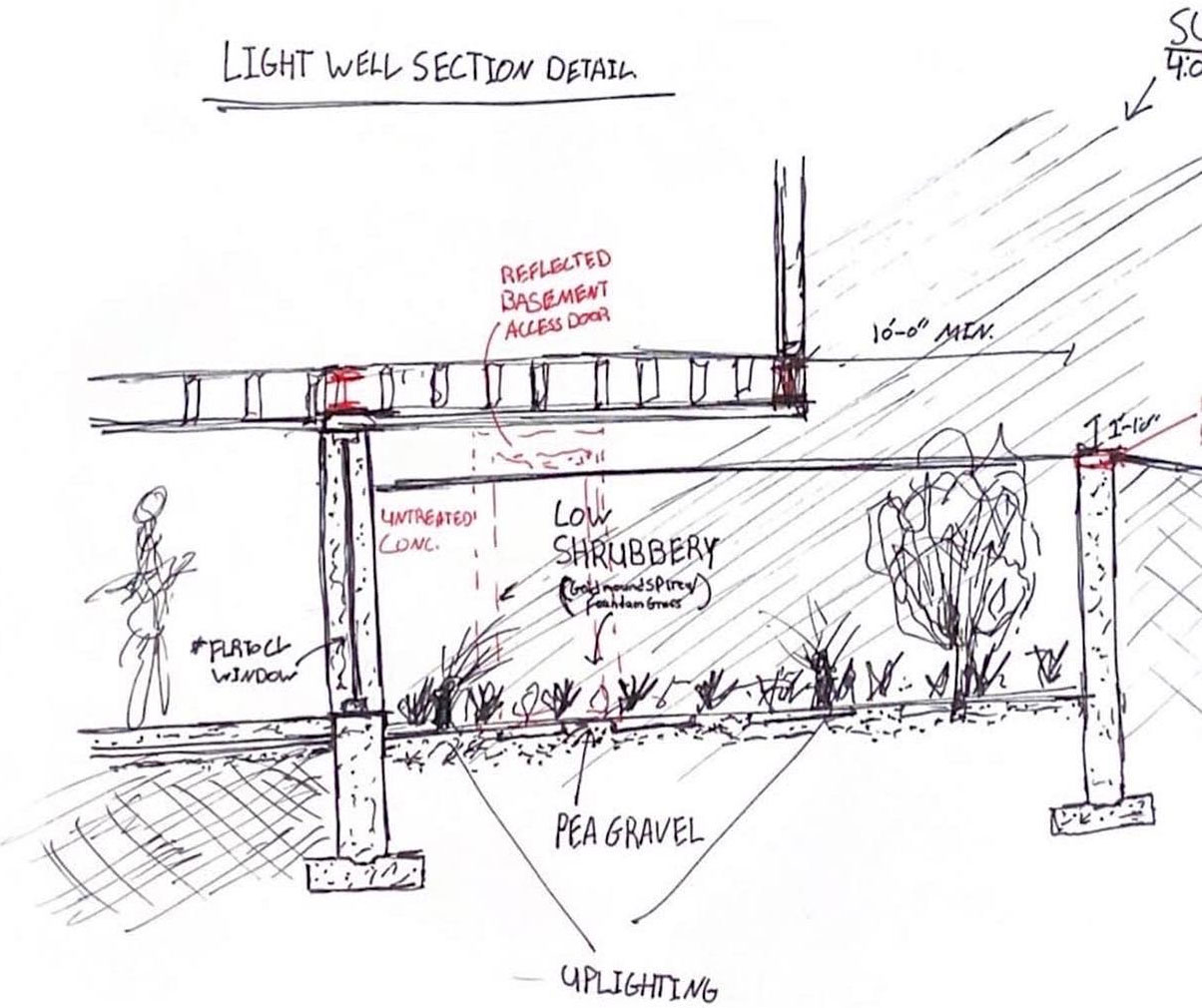 Section sketch detailing the row house light well and planting