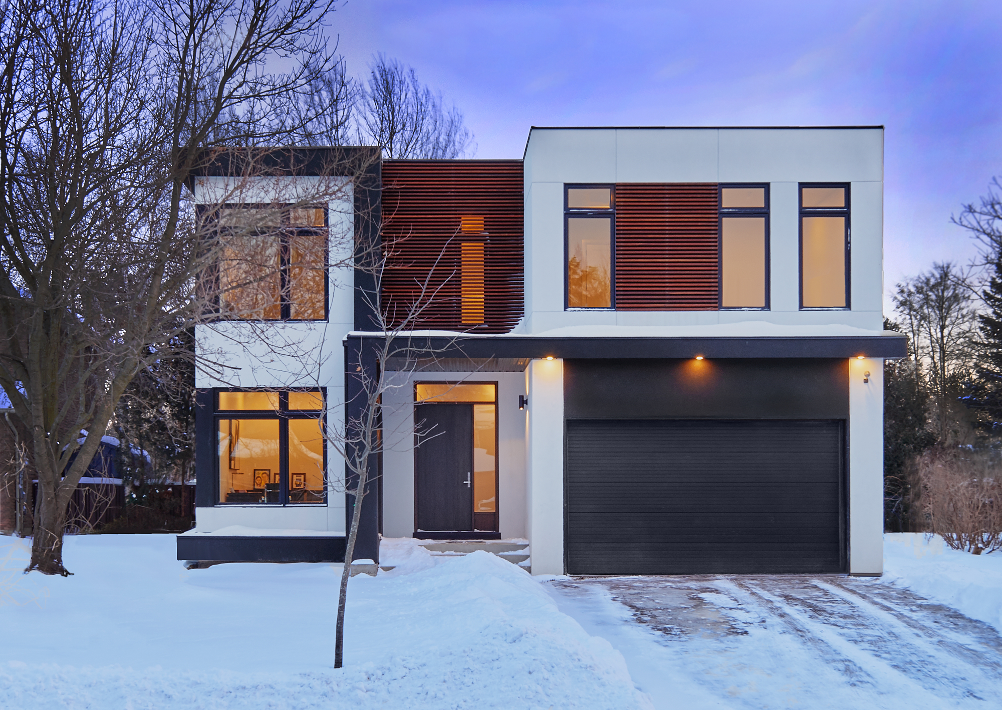 Modern Beach House front elevation in winter