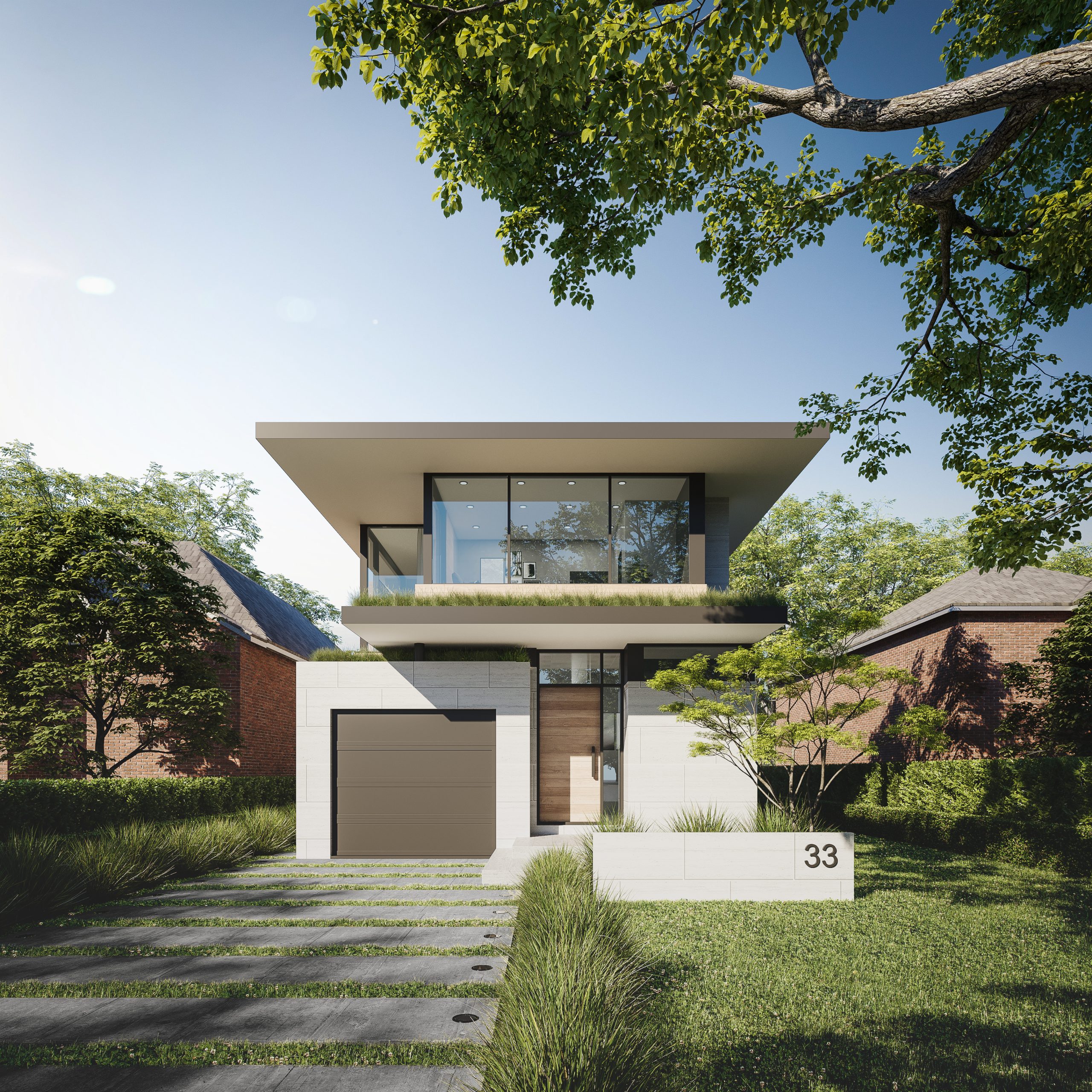 Modern Leaside residence with limestone cladding and a dramatic roof overhang