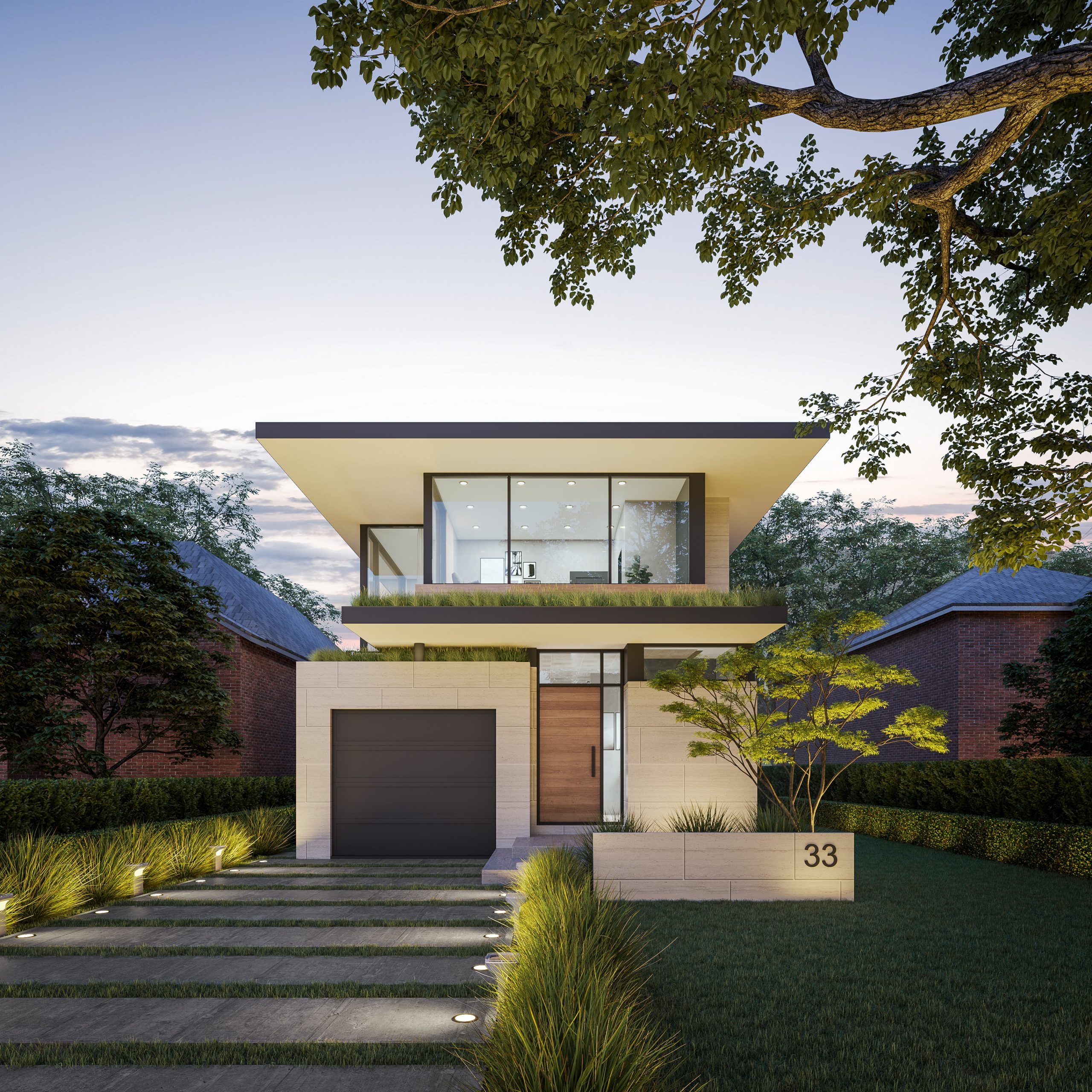 Front view of Modern Leaside framed by mature trees