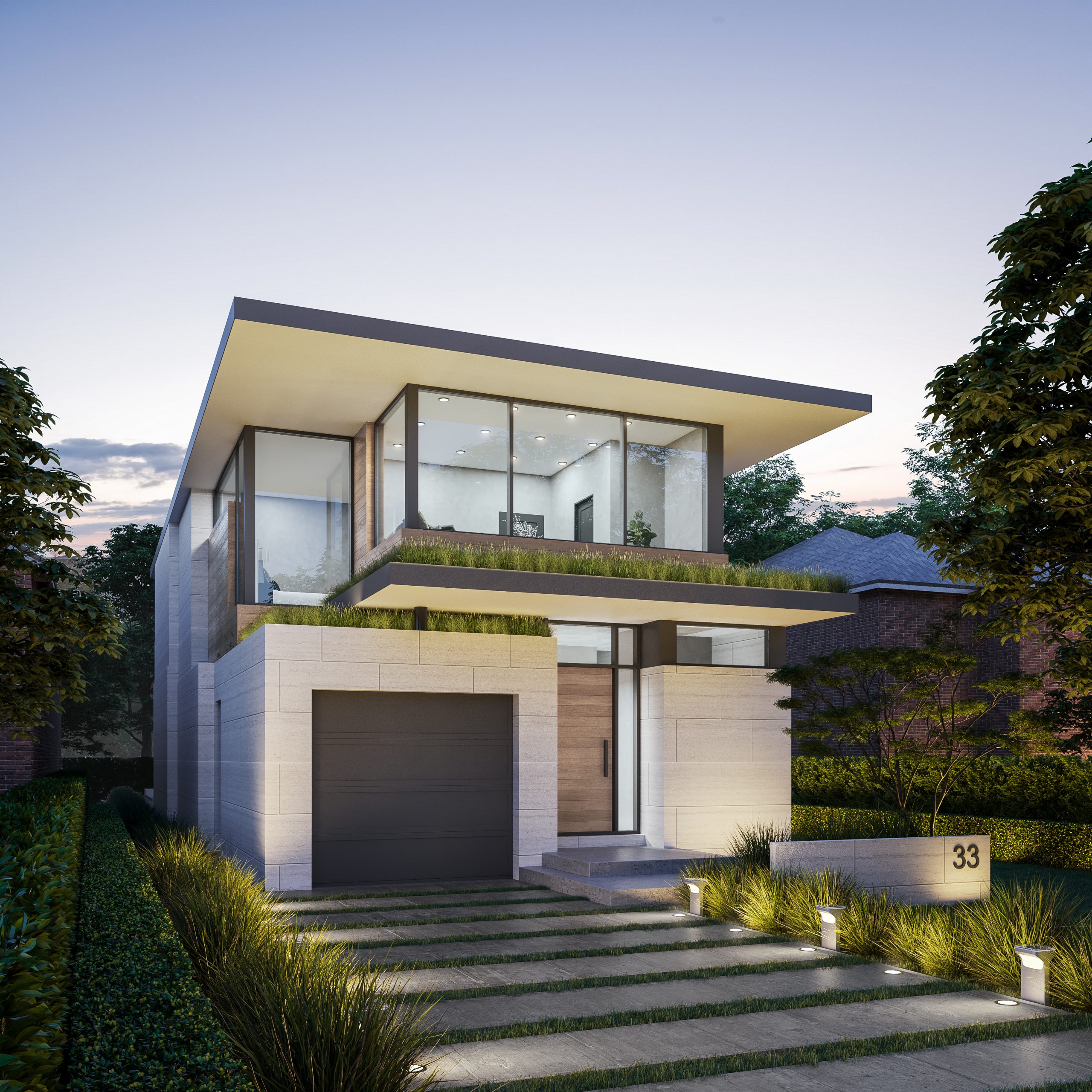 Side view of Modern Leaside at dusk