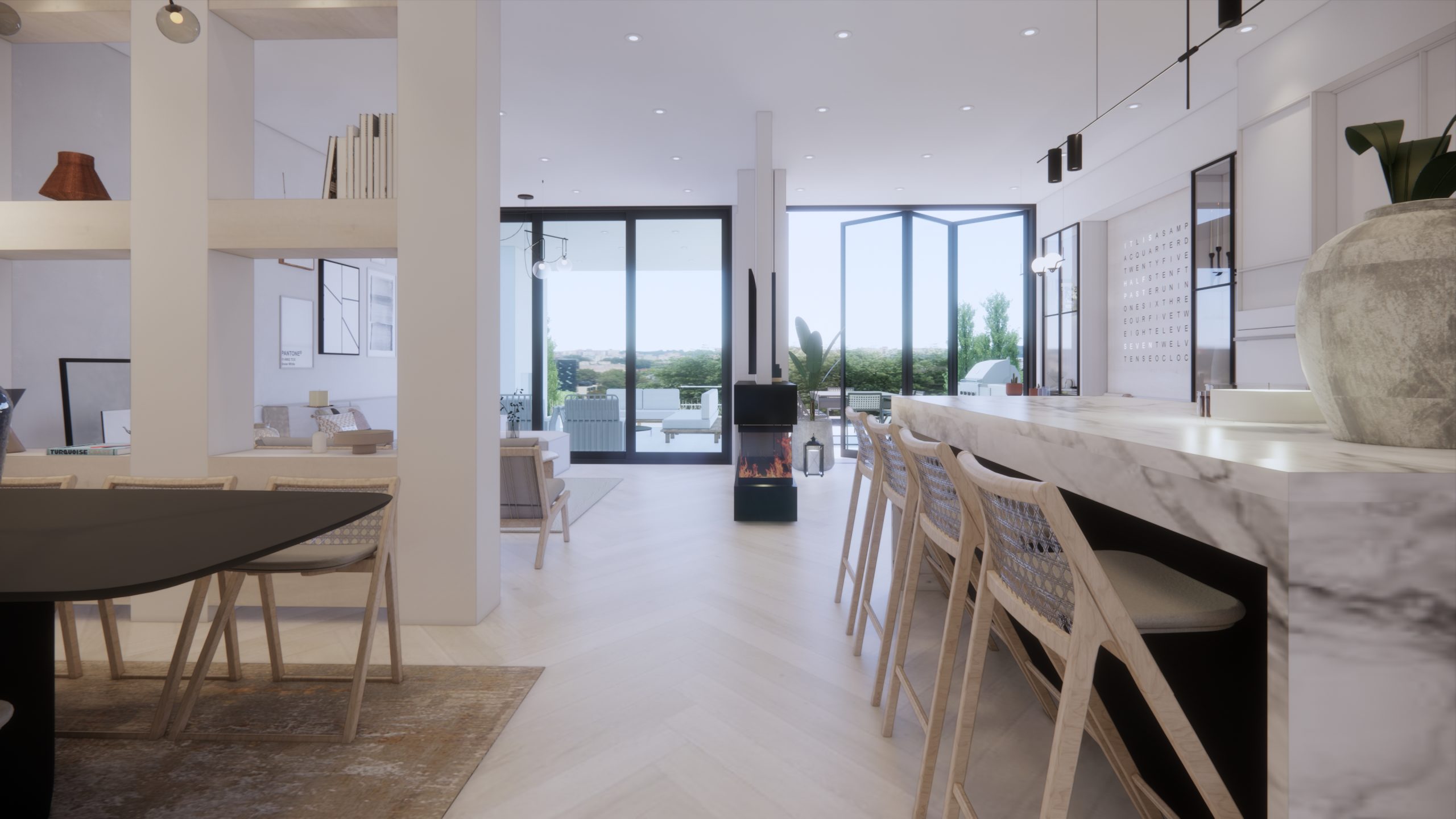 Open dining room and pale wood kitchen