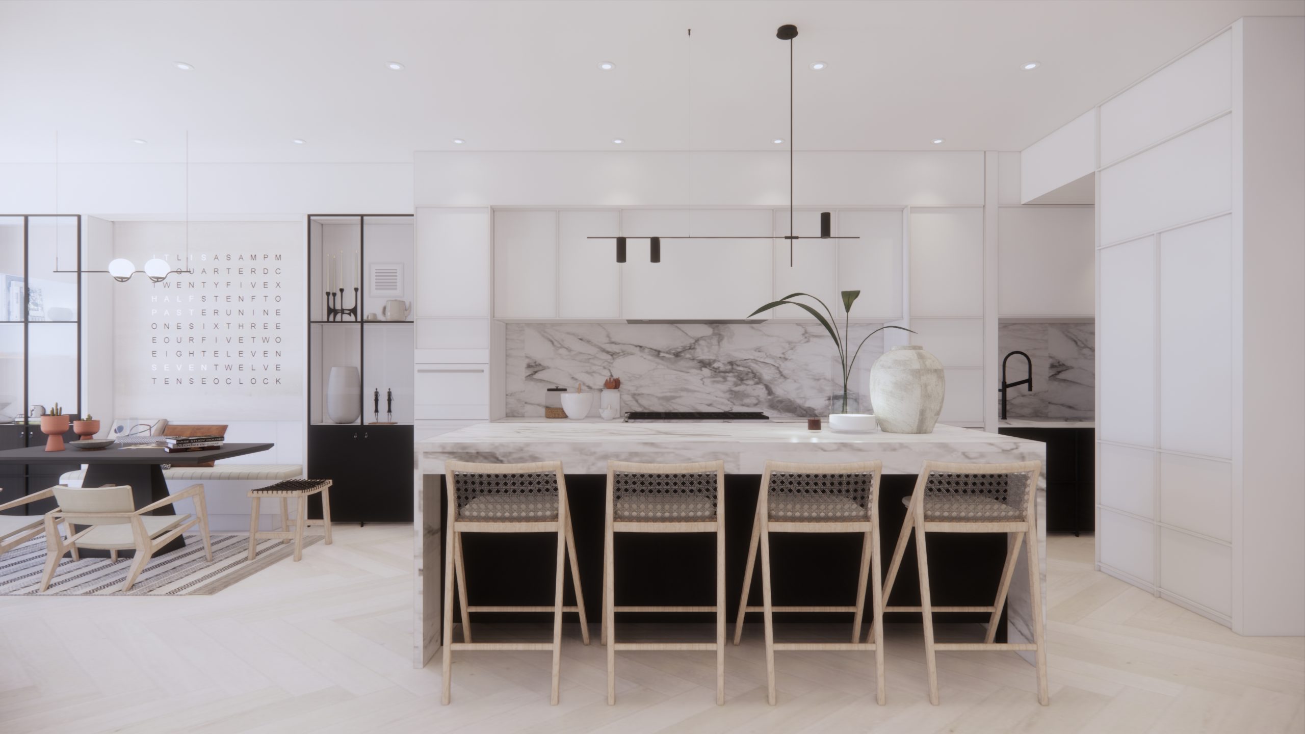 Bright living area with a long linear fireplace