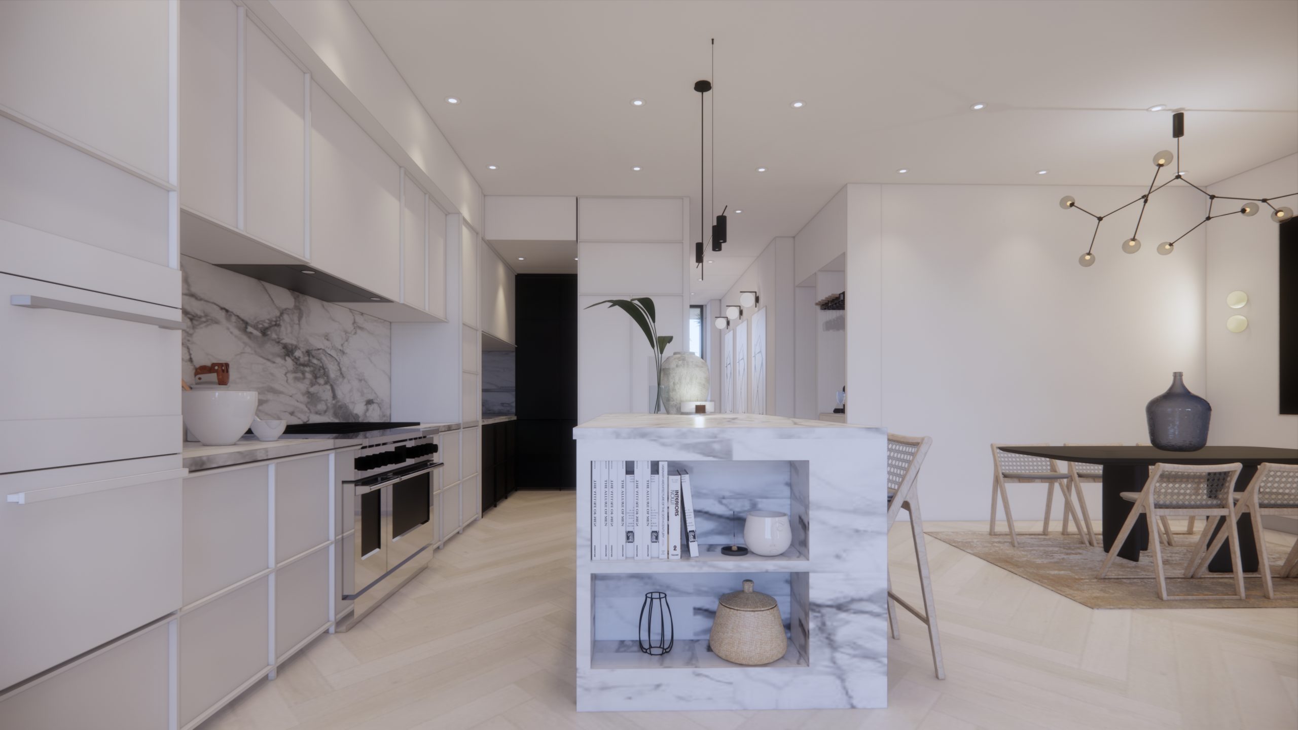 White kitchen with integrated storage and a dark island
