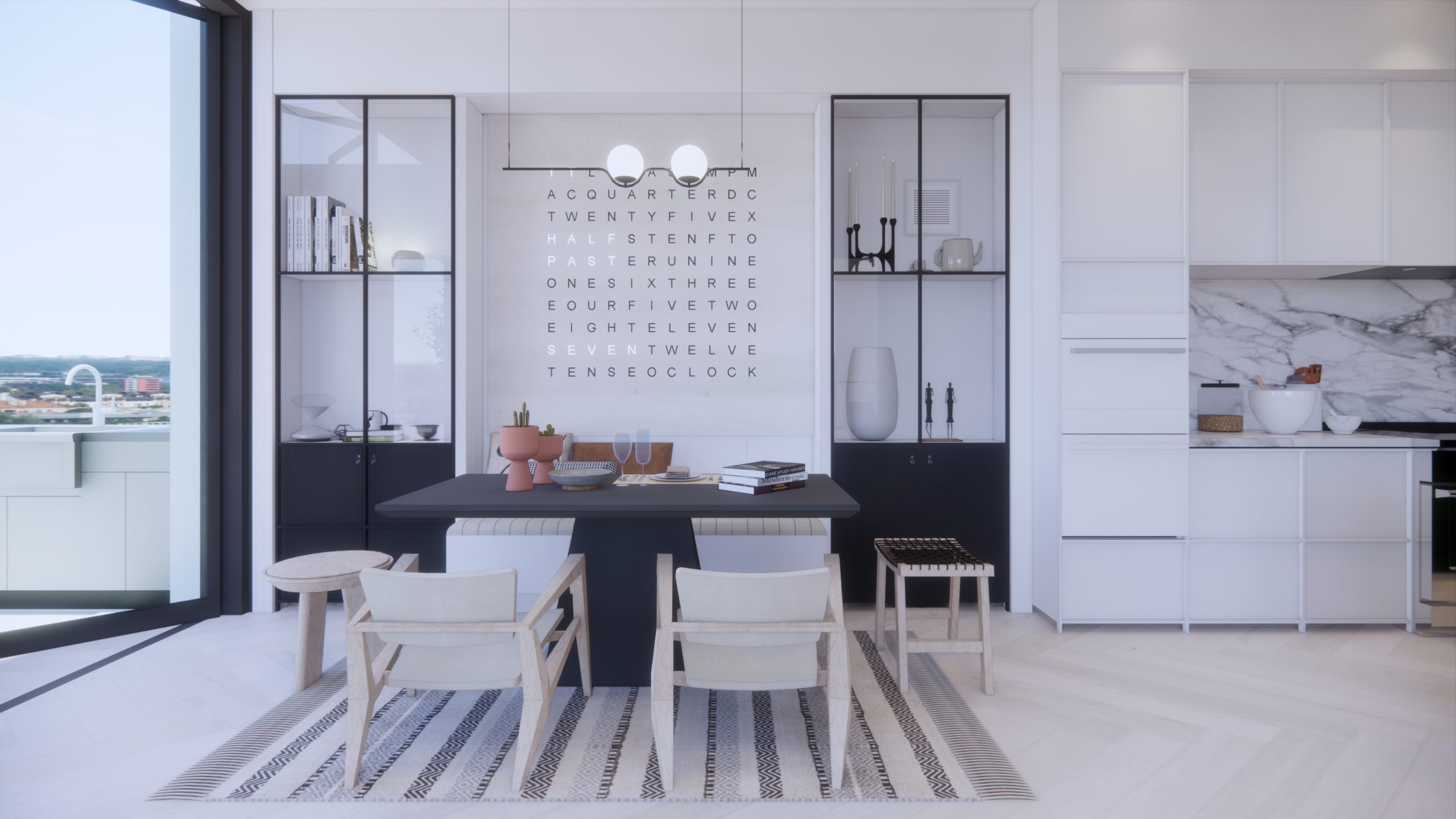 Dining area beside a large garden window