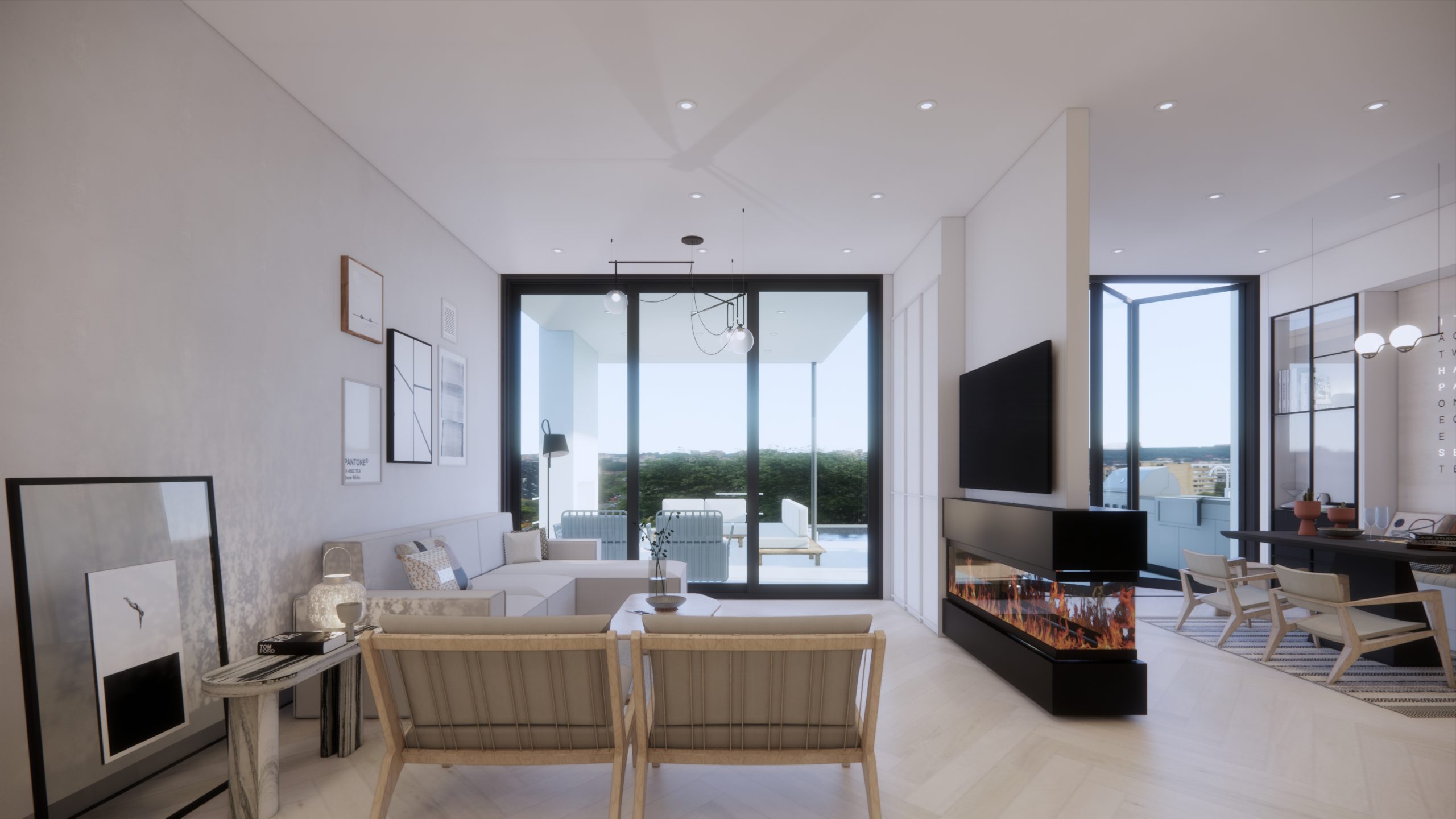 Minimal bedroom with built-in workspace