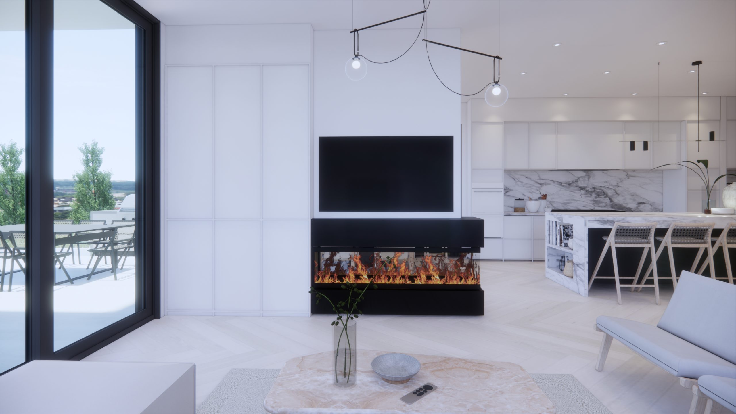 Linear fireplace and television wall facing the kitchen