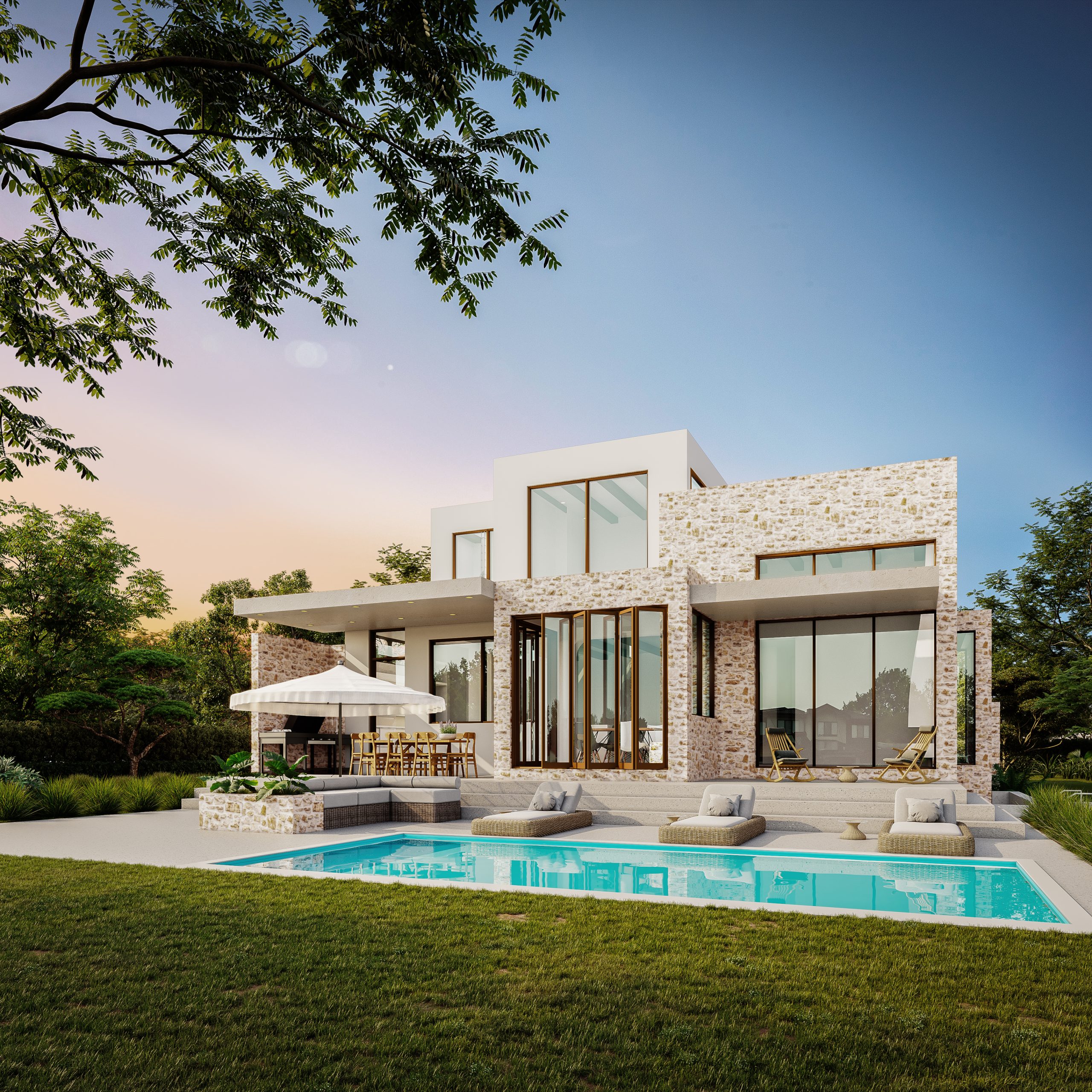 Rear facade and pool of the Mediterranean Beach House