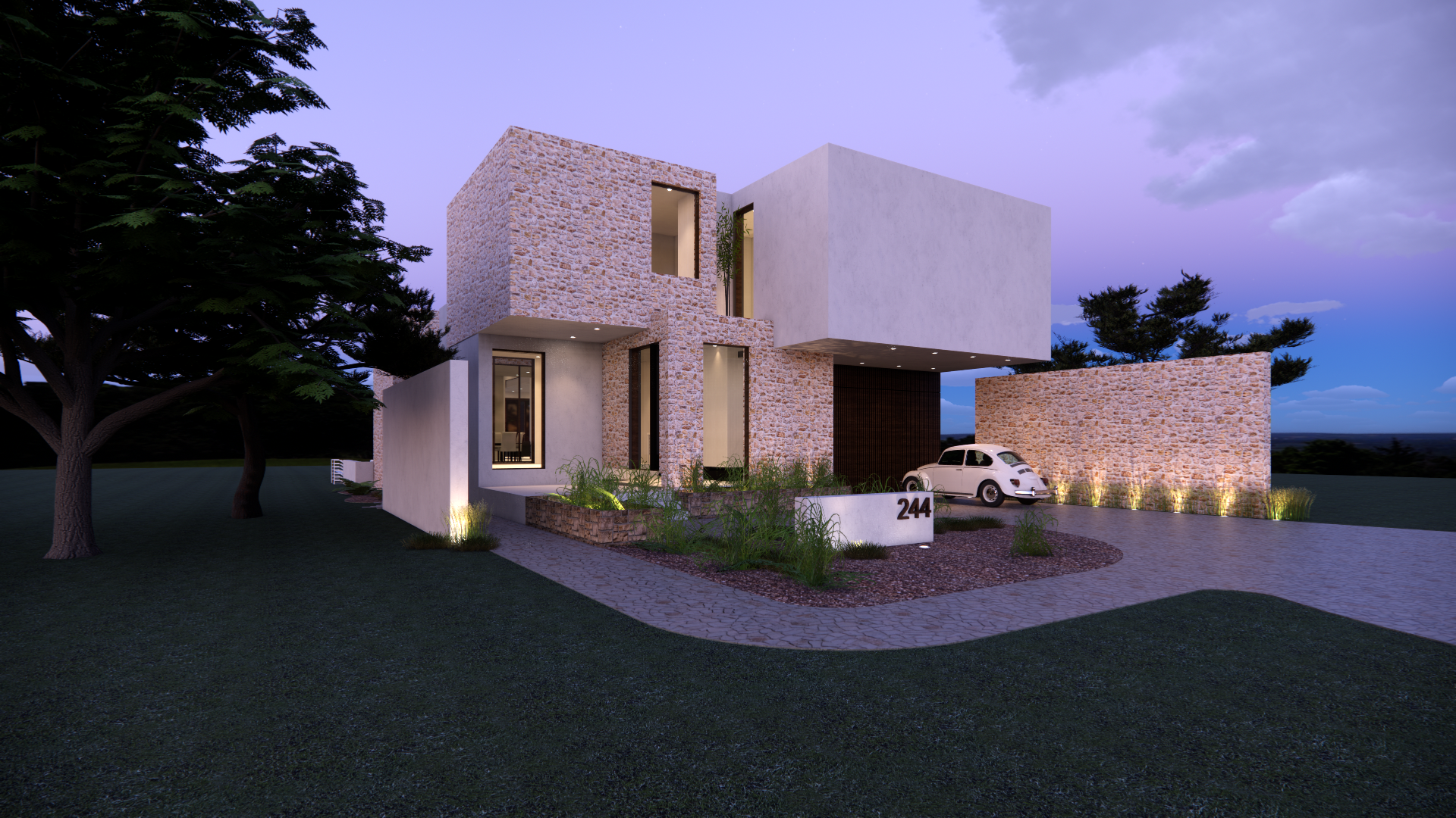 Mediterranean Beach House front and side elevation at dusk