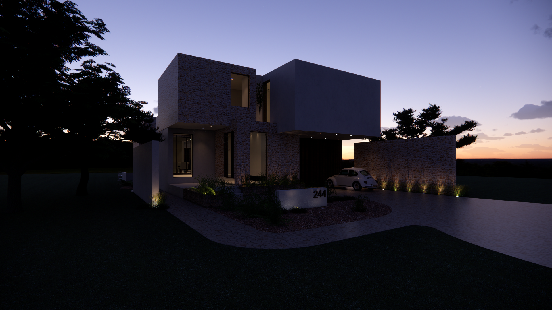 Mediterranean Beach House rear elevation at night