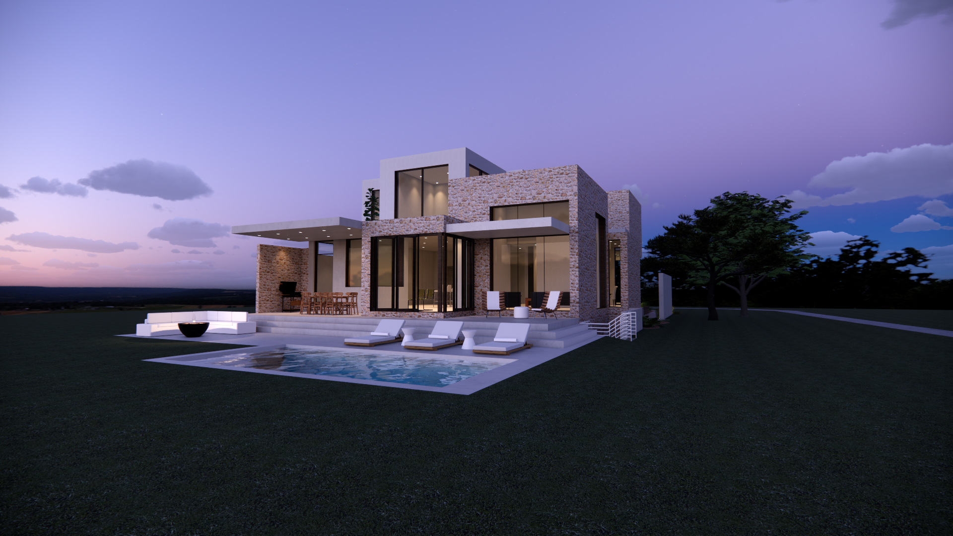 Mediterranean Beach House waterside elevation at dusk
