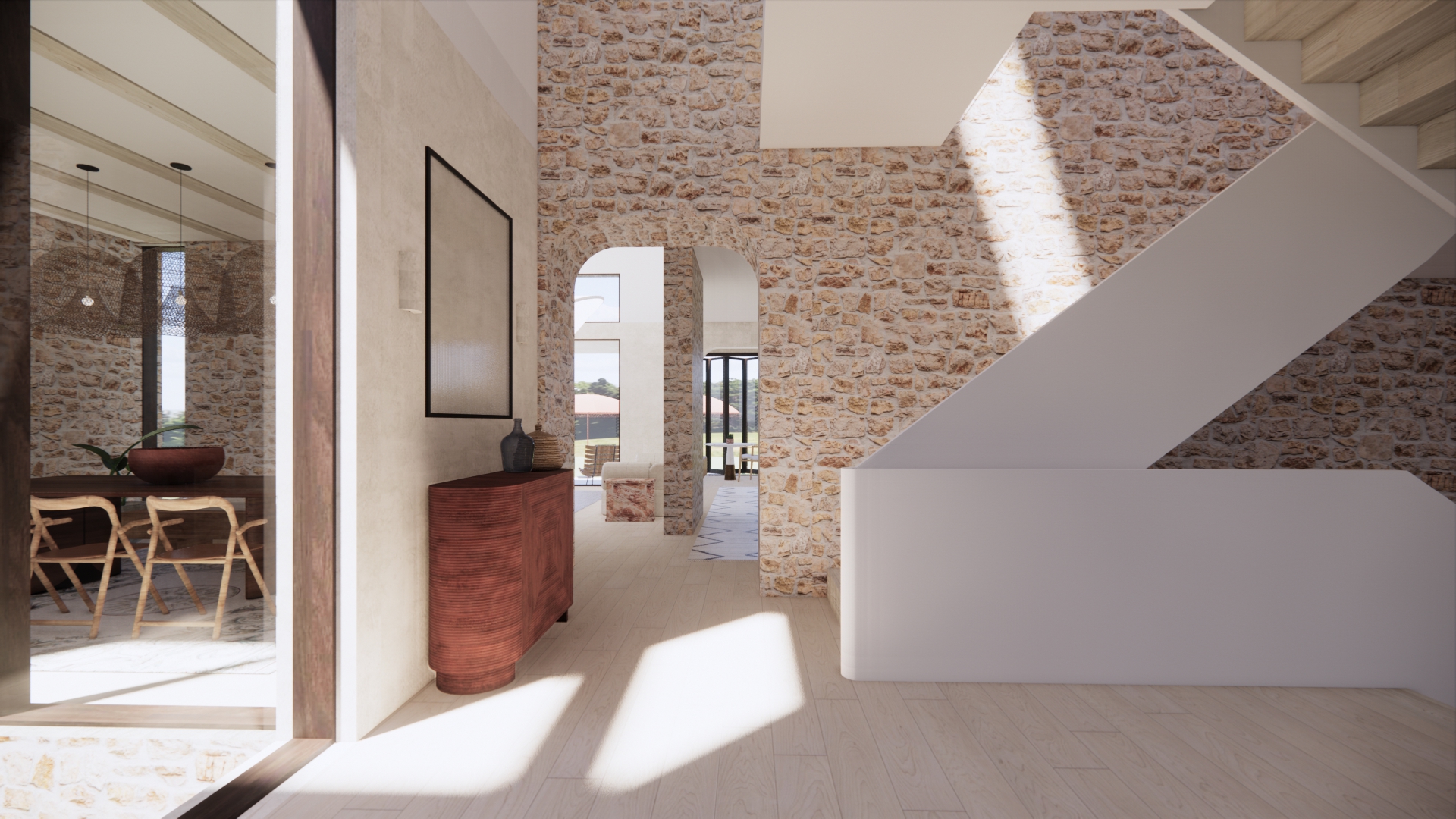 Mediterranean Beach House living and dining room