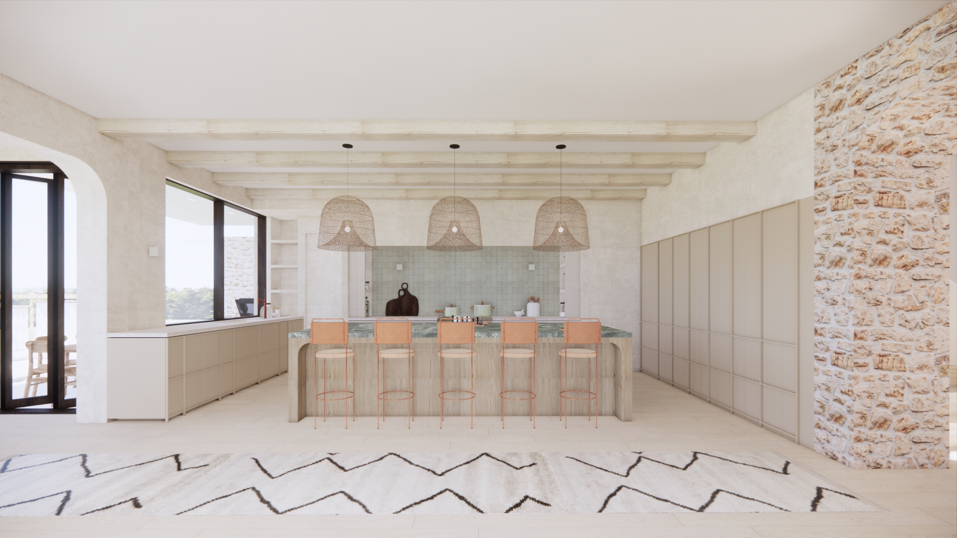 Warm neutral kitchen with arched cabinetry