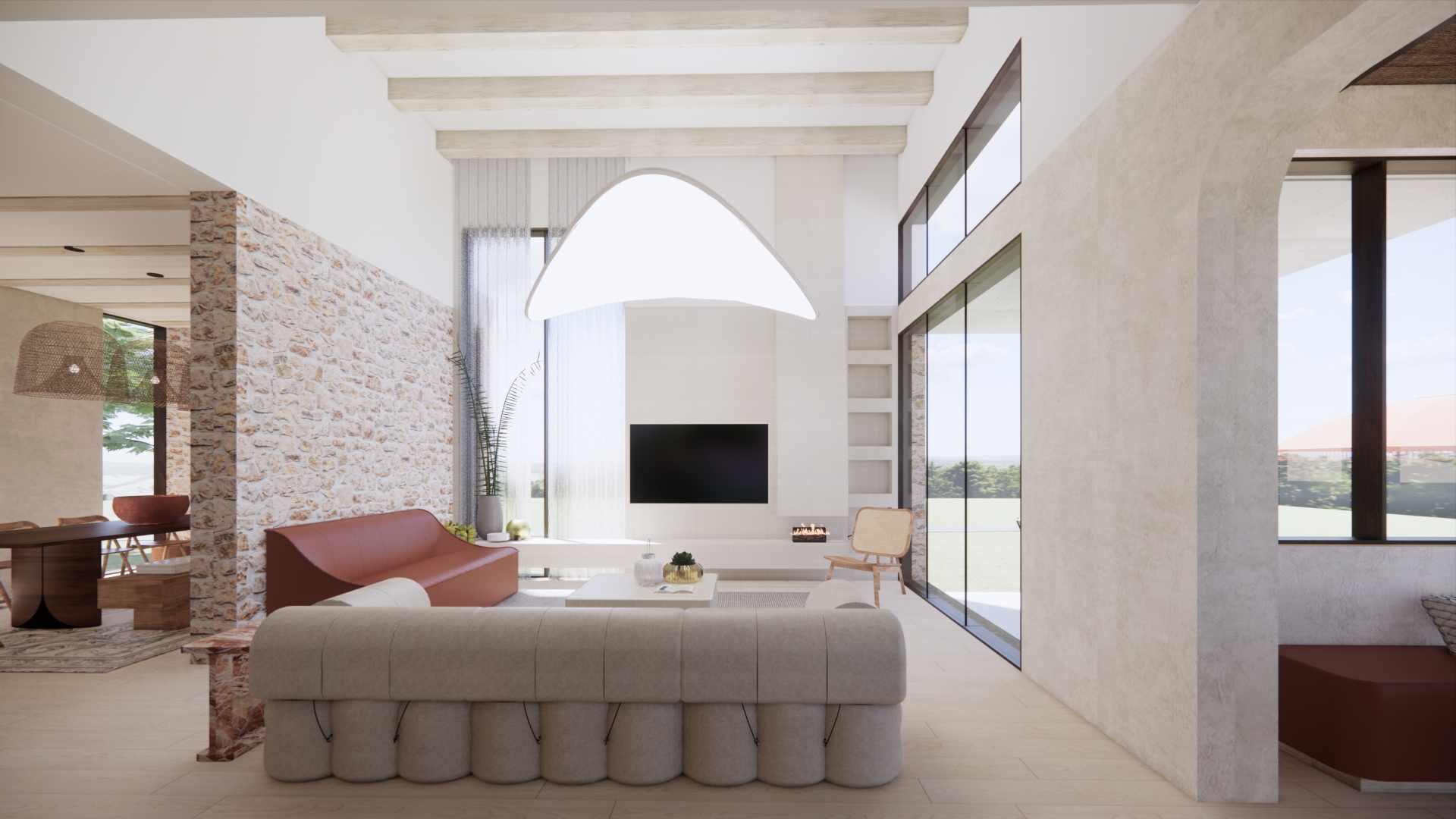 Double-height living room with stone walls
