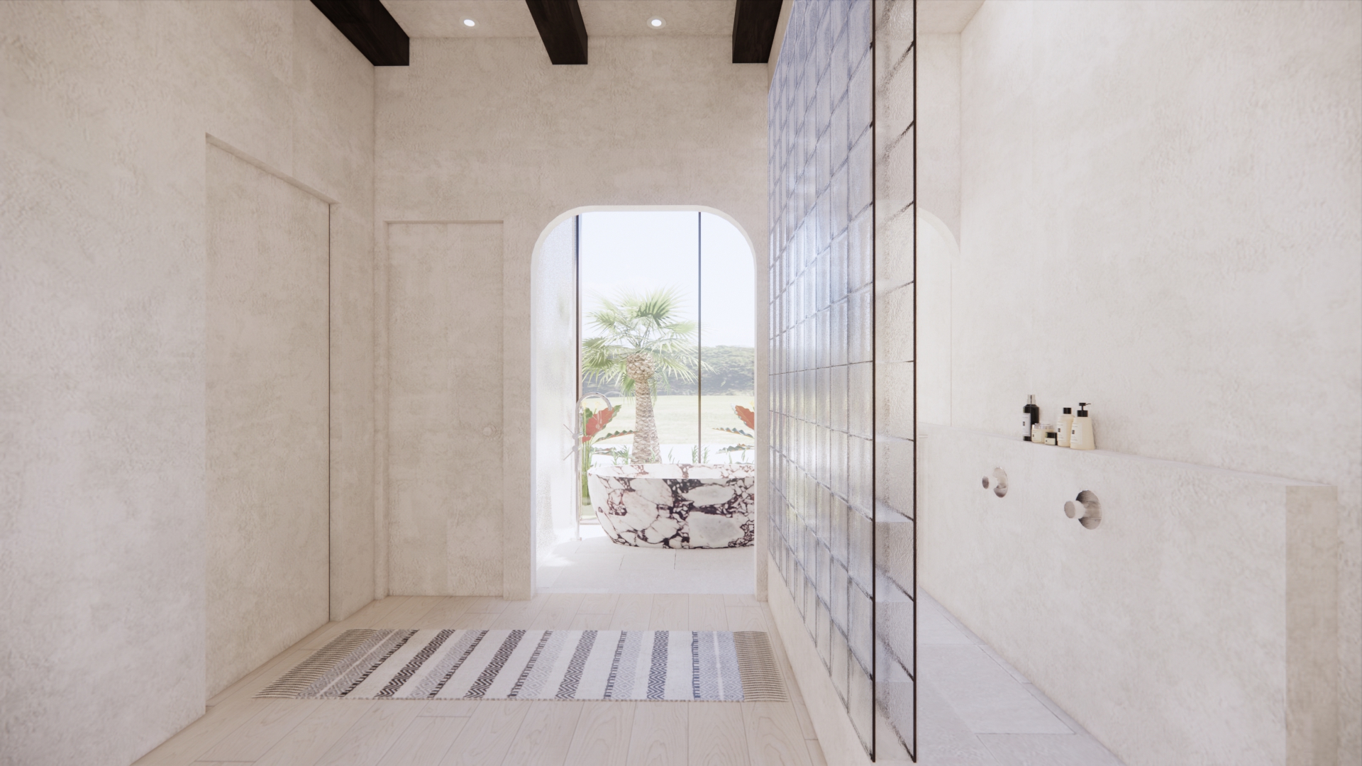 Mediterranean Beach House shower with arched garden opening