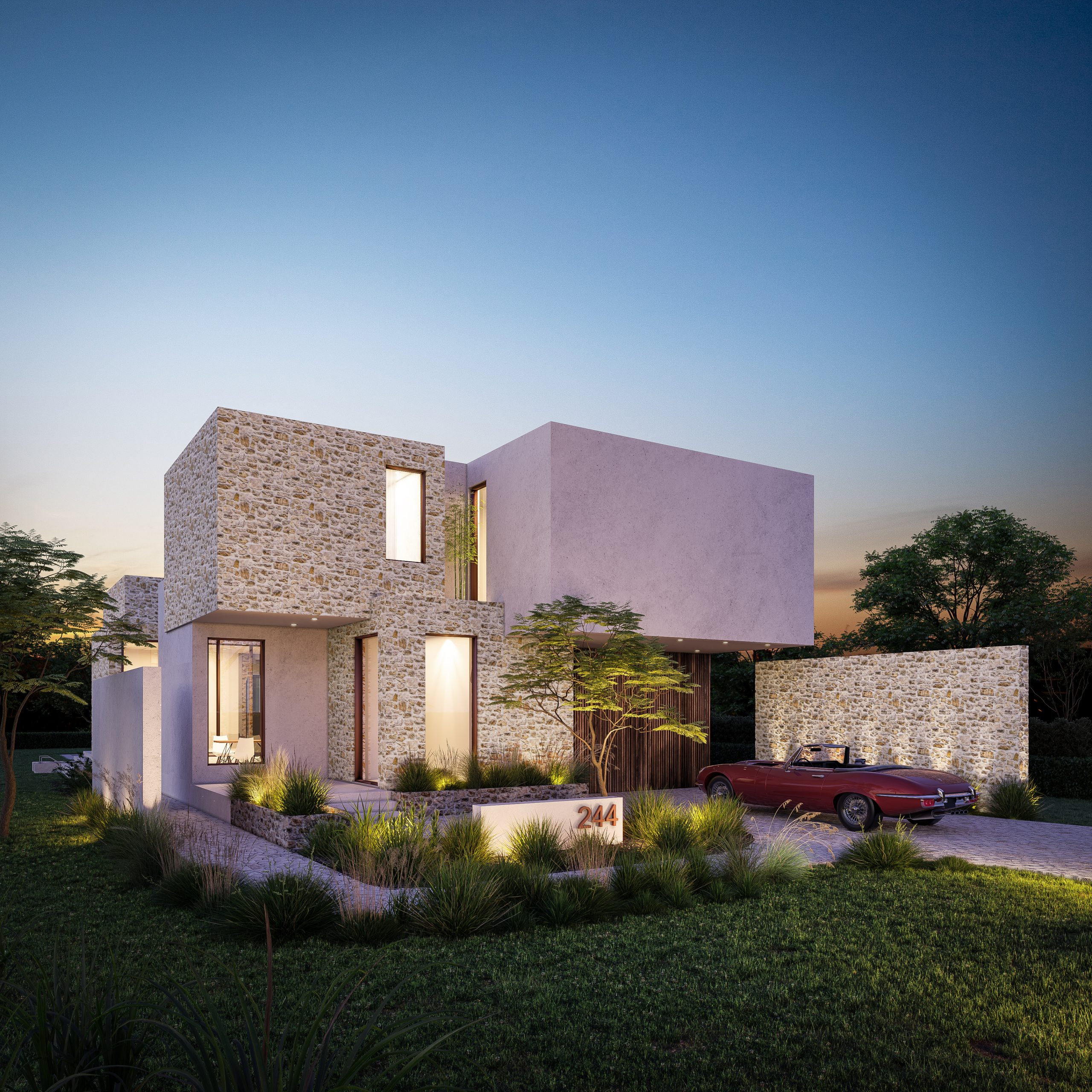 Mediterranean Beach House with stone and limewash volumes at dusk