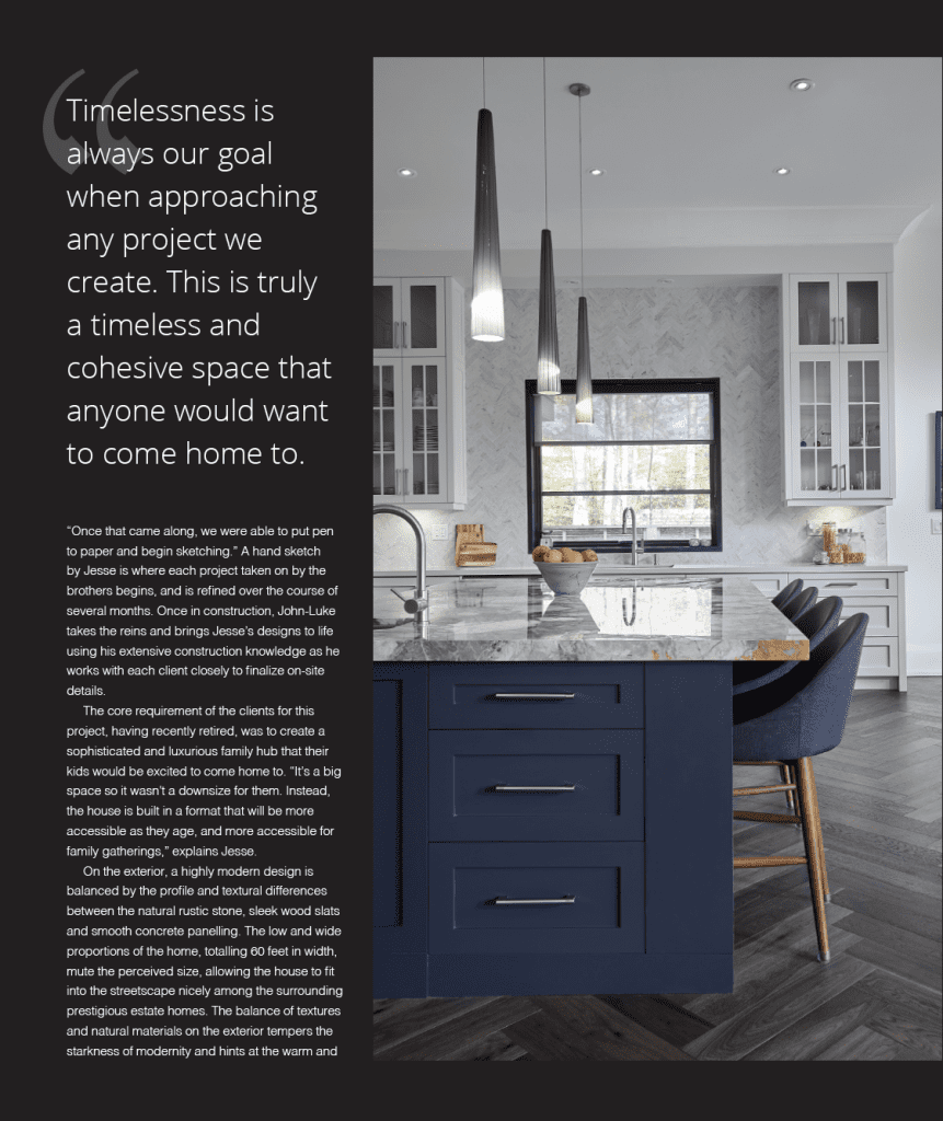 Forestview Bungalow kitchen with dark cabinetry and a white island