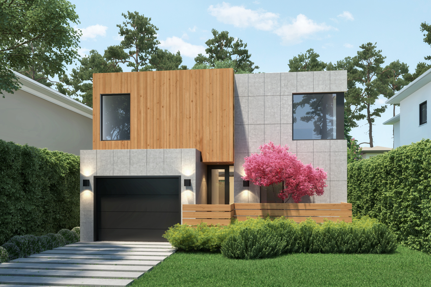 The Garden Gallery with warm wood, aluminum panels and clipped gardens
