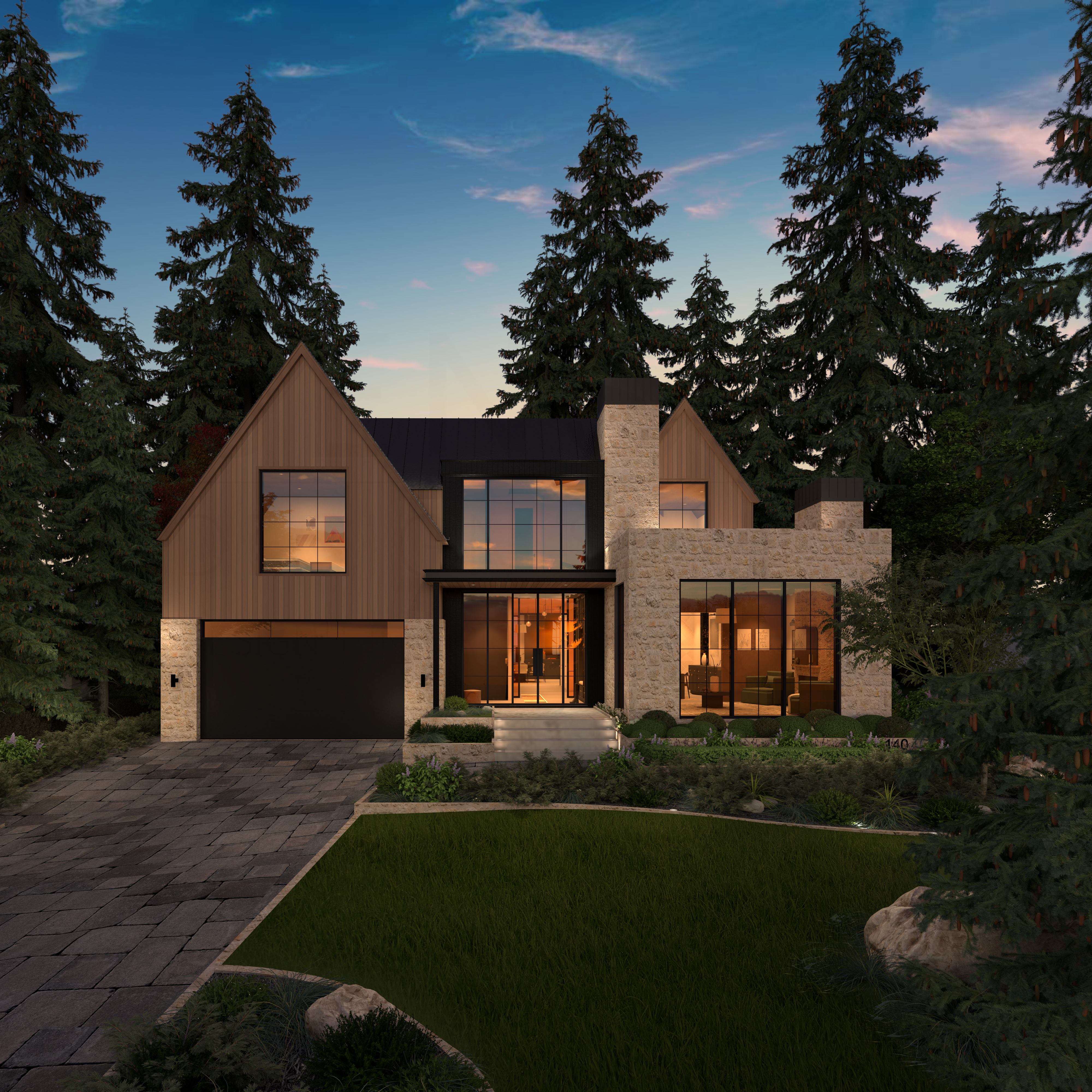 Contemporary Alpine Chalet among mature evergreens at dusk